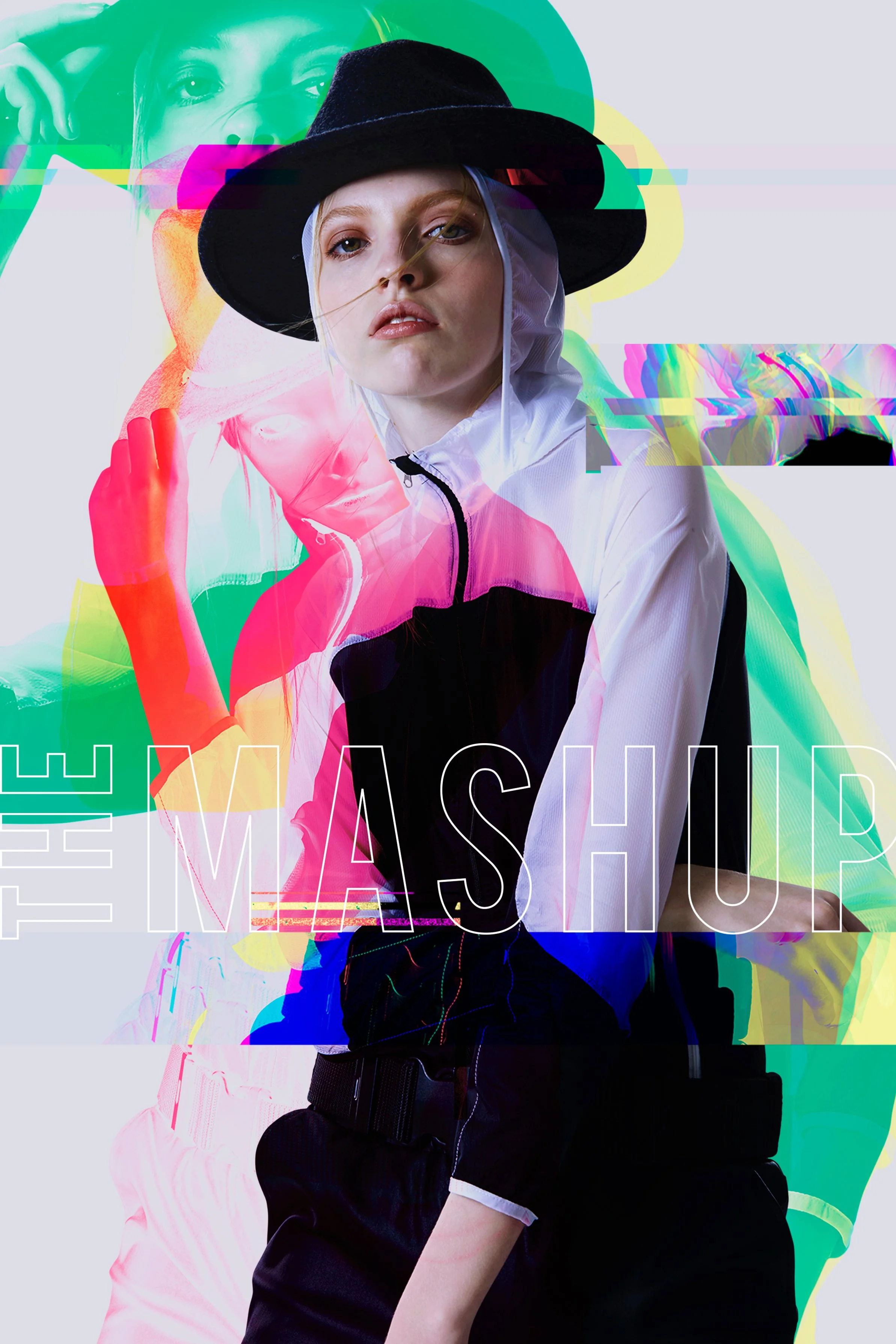 Fashion magazine cover featuring a woman in a black hat, white jacket, and black pants, with colorful glitch effects and the words 'THE FASHION' overlaid.