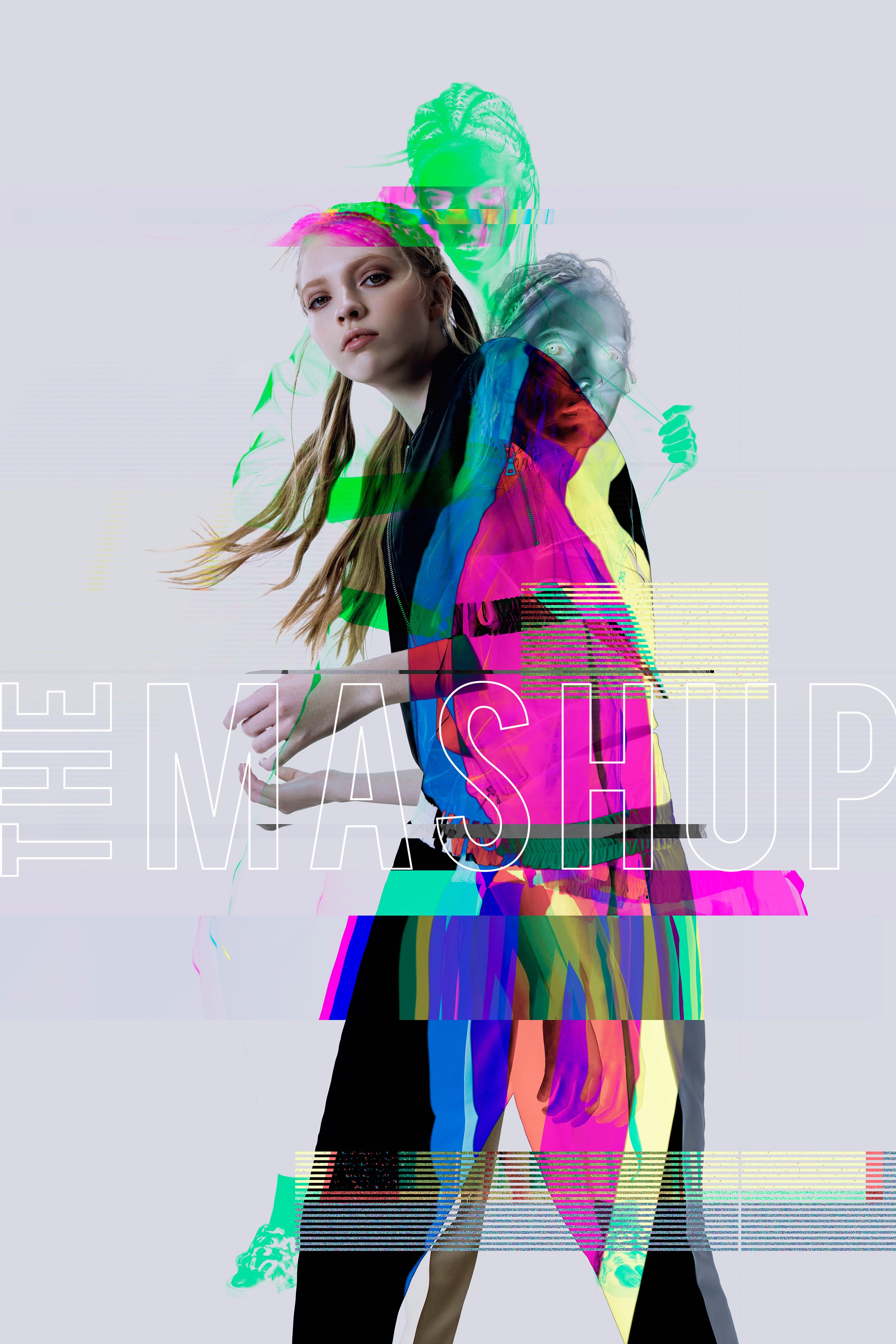 A digitally edited photo of a young woman with long hair, wearing casual clothing, with glitch and color distortion effects creating multiple overlapping images and abstract patterns.