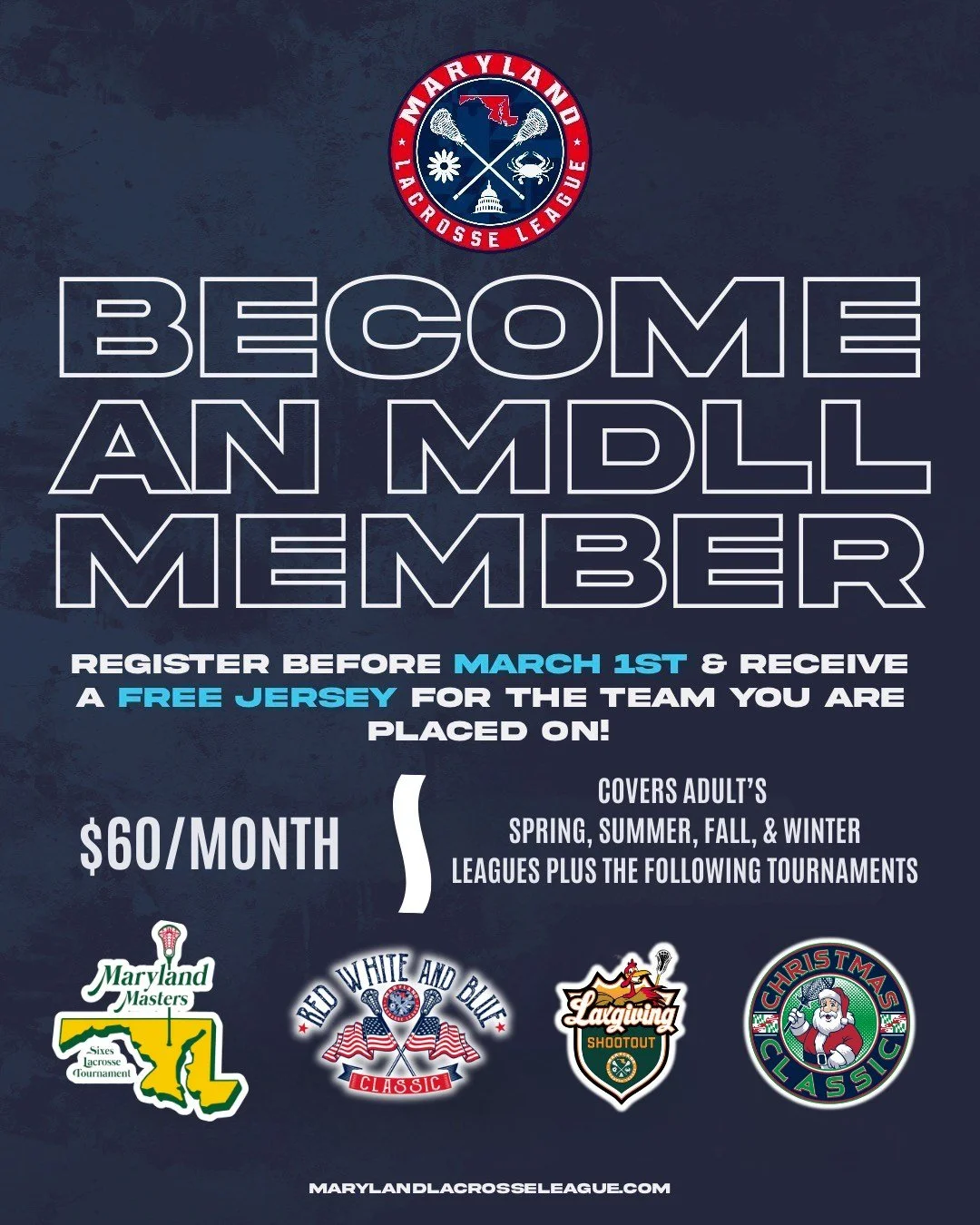 🔥 Become an MDLL Member 🔥

Register before March 1st and receive a FREE jersey or (MDLL League shirt) 

💰 $60/month
✔️ Covers Spring, Summer, Fall &amp; Winter adult leagues
✔️ Includes access to MDLL tournaments:
&bull; Maryland Masters Sixes
&bu