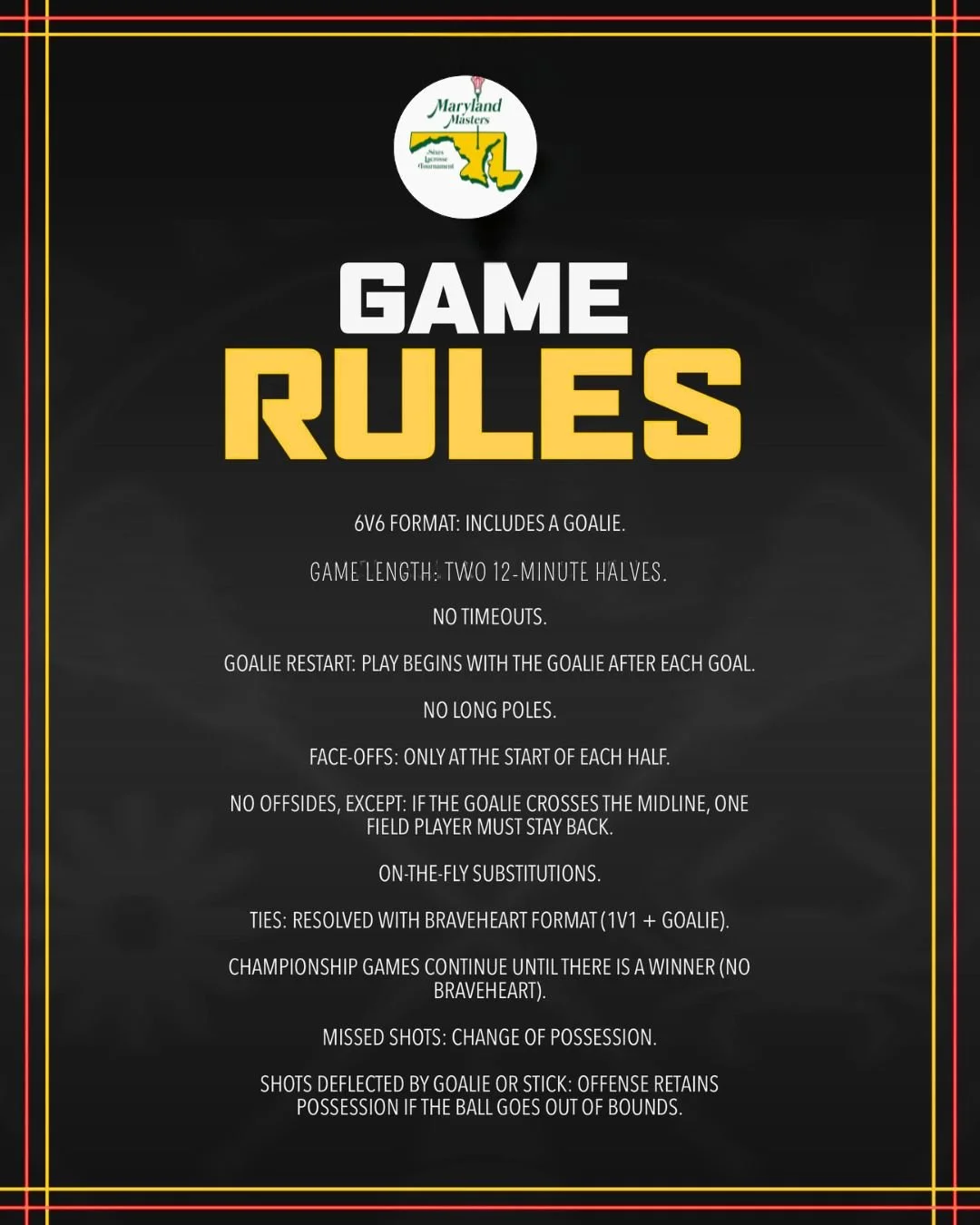 Game rules locked in for tomorrow&rsquo;s Maryland Masters 🔥

🏑 6v6 (goalie included)
⏱️ 2 x 12-minute halves
🔥 Braveheart if tied

Everything is set for a great night at the Moose.

Who&rsquo;s ready?