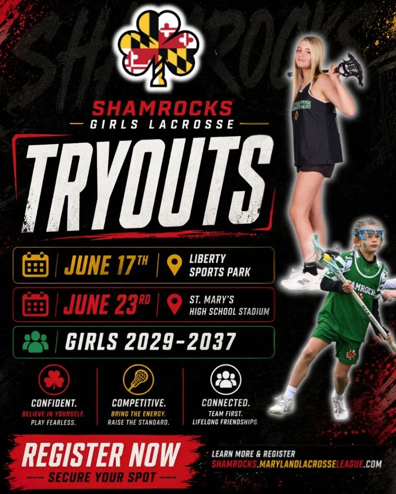 🍀 SHAMROCKS GIRLS LACROSSE TRYOUTS 🍀

Ready to compete, grow, and be part of something bigger?

📅 June 17 &ndash; Liberty Sports Park
📅 June 23 &ndash; St. Mary&rsquo;s HS Stadium
👥 Grad Years: 2029&ndash;2037

💪 CONFIDENT.
🔥 COMPETITIVE.
🤝 C