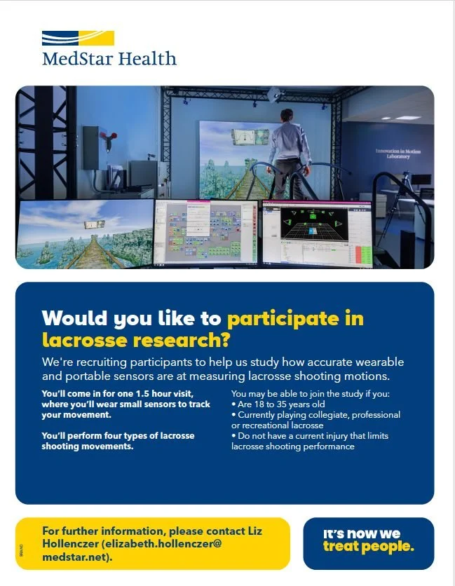 Looking for adult players to help advance the game 👀

MedStar Health is recruiting current/former college players for a lacrosse shooting study 🥍
&bull; 1.5 hour session
&bull; Motion tracking + shooting analysis
&bull; Help shape the future of per
