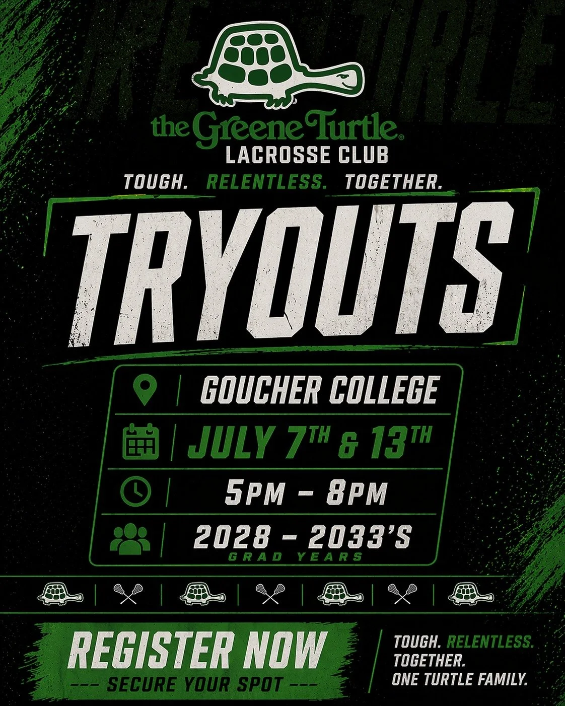 The Greene Turtle Lacrosse Club Tryouts are set.

📍 Goucher College
📅 July 7th &amp; 13th
⏰ 5&ndash;8 PM
👥 2028&ndash;2033 Grad Years
🔗 greeneturtlelax.com

Tough. Relentless. Together.
Register now and earn your spot.

#GreeneTurtleLax #MDLL #La