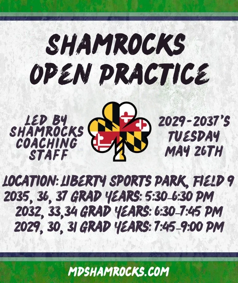 ☘️ SHAMROCKS OPEN PRACTICE ☘️

Come see what the Shamrocks Girls Lacrosse Club is all about!

📍 Liberty Sports Park &ndash; Field 9
📅 Tuesday, May 26th
⏰ 2035, 2036, 2037 Grad Years: 5:30&ndash;6:30 PM
⏰ 2032, 2033, 2034 Grad Years: 6:30&ndash;7:45