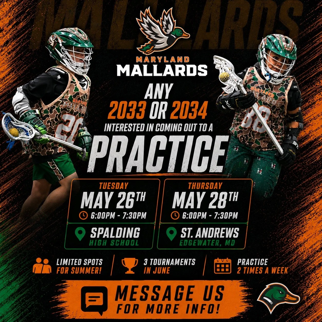 2033 &amp; 2034 players  this is your shot.

Come train with the Maryland Mallards next week and see what we&rsquo;re building.

📍 Spalding HS (Tues, May 26)
📍 St. Andrews, Edgewater (Thurs, May 28)
⏰ 6:00&ndash;7:30 PM

Limited spots for summer.
&