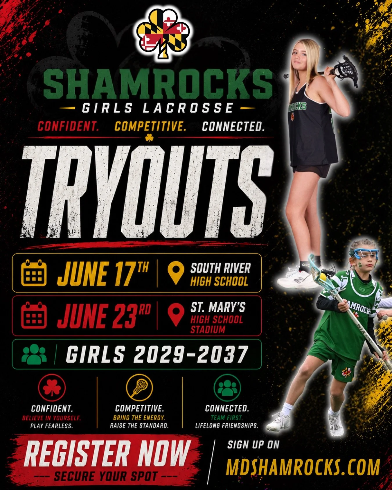 🍀 SHAMROCKS GIRLS LACROSSE TRYOUTS 🍀

Ready to compete, grow, and be part of something bigger?

📅 June 17 &ndash; South River HS 
📅 June 23 &ndash; St. Mary&rsquo;s HS Stadium
👥 Grad Years: 2029&ndash;2037

💪 CONFIDENT.
🔥 COMPETITIVE.
🤝 CONNE
