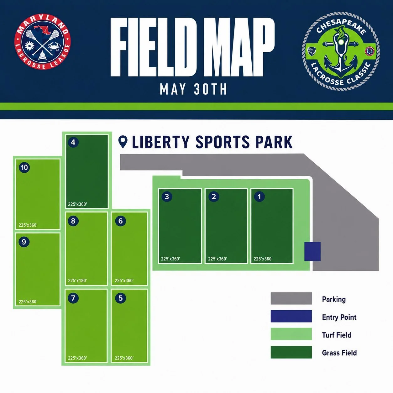 🥍🏆 Chesapeake Classic is TOMORROW! 🏆🥍

We&rsquo;re excited to welcome teams, players, coaches, and families to Liberty Sports Park for an awesome day of lacrosse!

📍 Check out the field map before you arrive.
🚗 Parking and entry points are clea