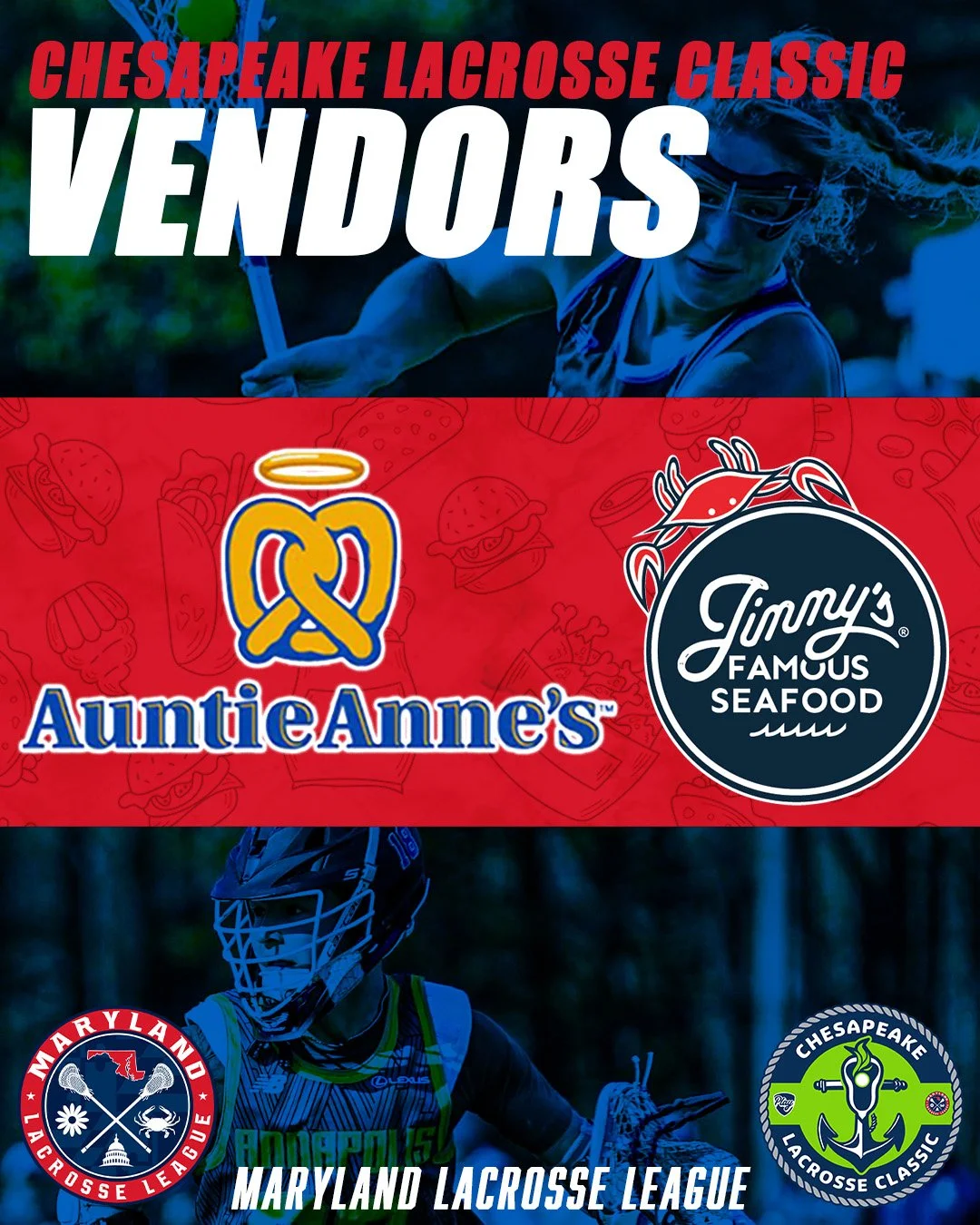 🦀🥨 Fuel up at the Chesapeake Lacrosse Classic! 🥨🦀

We&rsquo;re excited to welcome two awesome vendors to Liberty Sports Park tomorrow:

🥨 Auntie Anne&rsquo;s
🦀 Jimmy&rsquo;s Famous Seafood

Whether you need a quick snack between games or a full