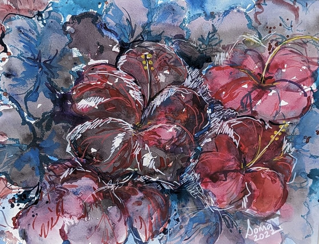 Flow 39 (Hibiscus), Ink and watercolor,  14" * 11", $ 200