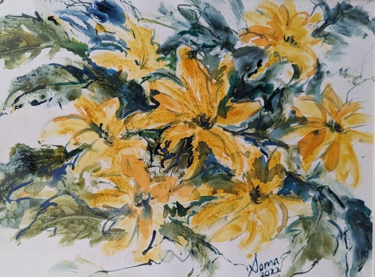 Floral 32 (sunflower) SOLD, Turmeric and watercolor, 14" * 11", $ 200