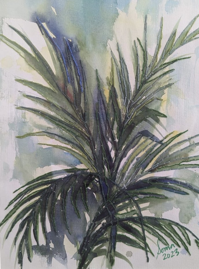 Flow 59 (Palm leaves) SOLD , embroidery & watercolor, 14" * 11",  $ 300