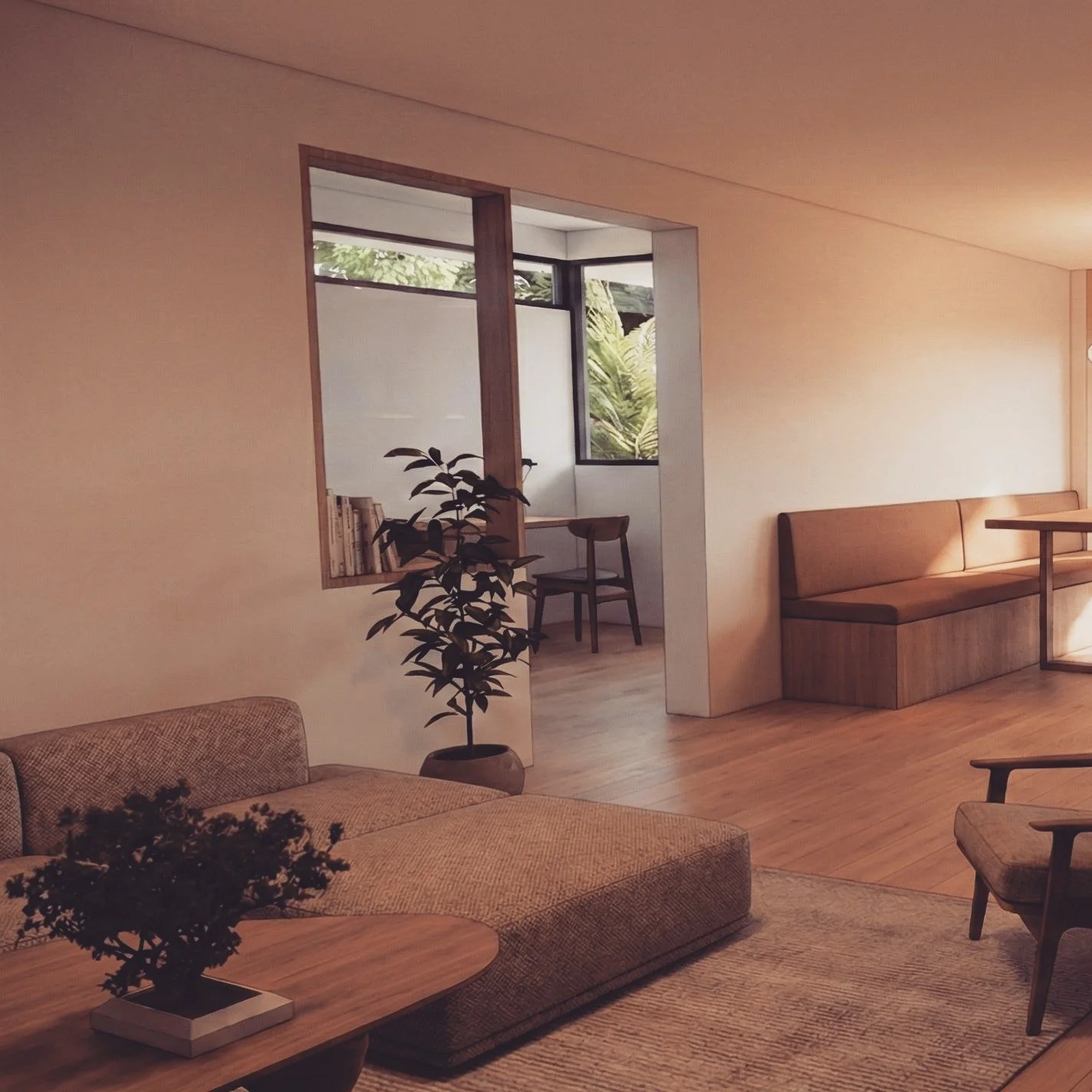 Austi Townhouse (L)
The interior opens up to the office with the addition of an internal window to share natural light and greenery of the lush garden. High windows to the neighbours blocks out their brick wall with the focus being a large picture wi