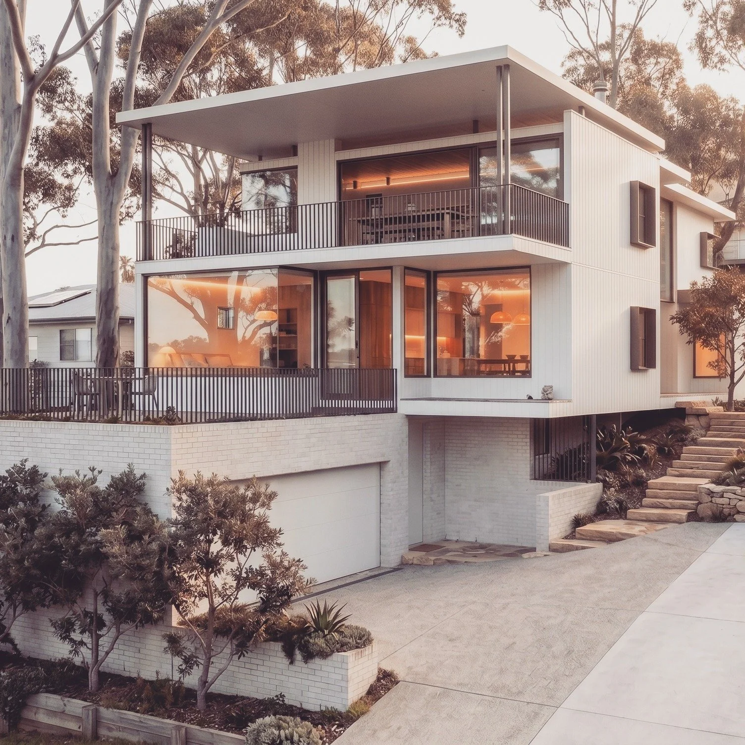 Tricky sloping battle-axe block in Coledale perched above Sharky's beach, we had to maximise views to the ocean whilst minimising impact on neighbours resulting in a split level house with a double brick garage to anchor it into site. Upside down liv