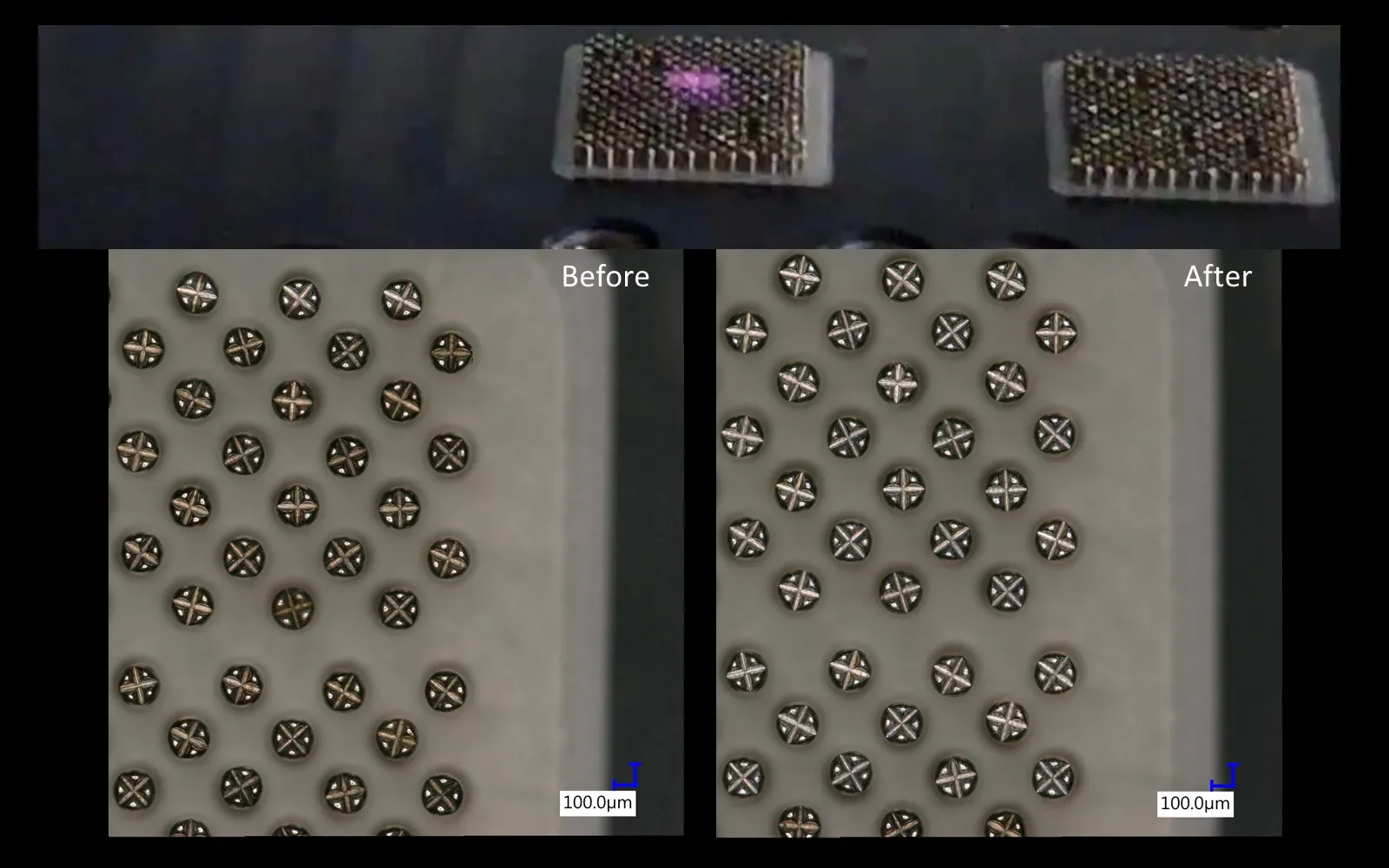 Before and after laser treatment of a probe array without damaging the surrounding socket