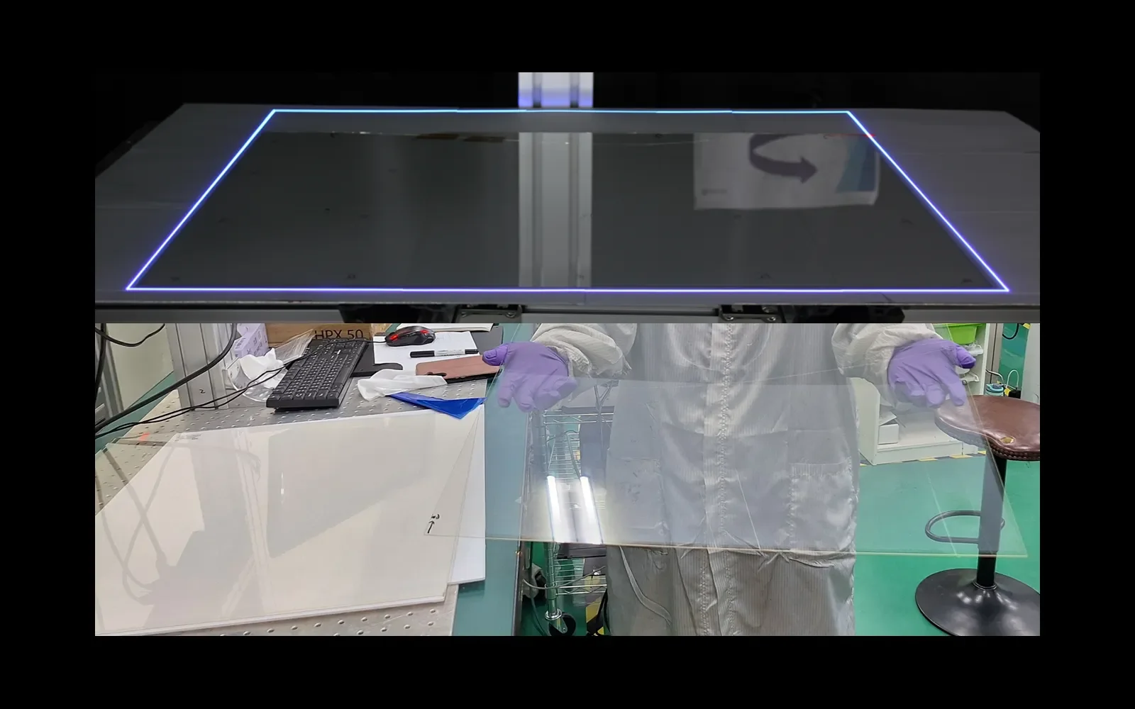 Laser debonding and controlled separation of a large transparent panel
