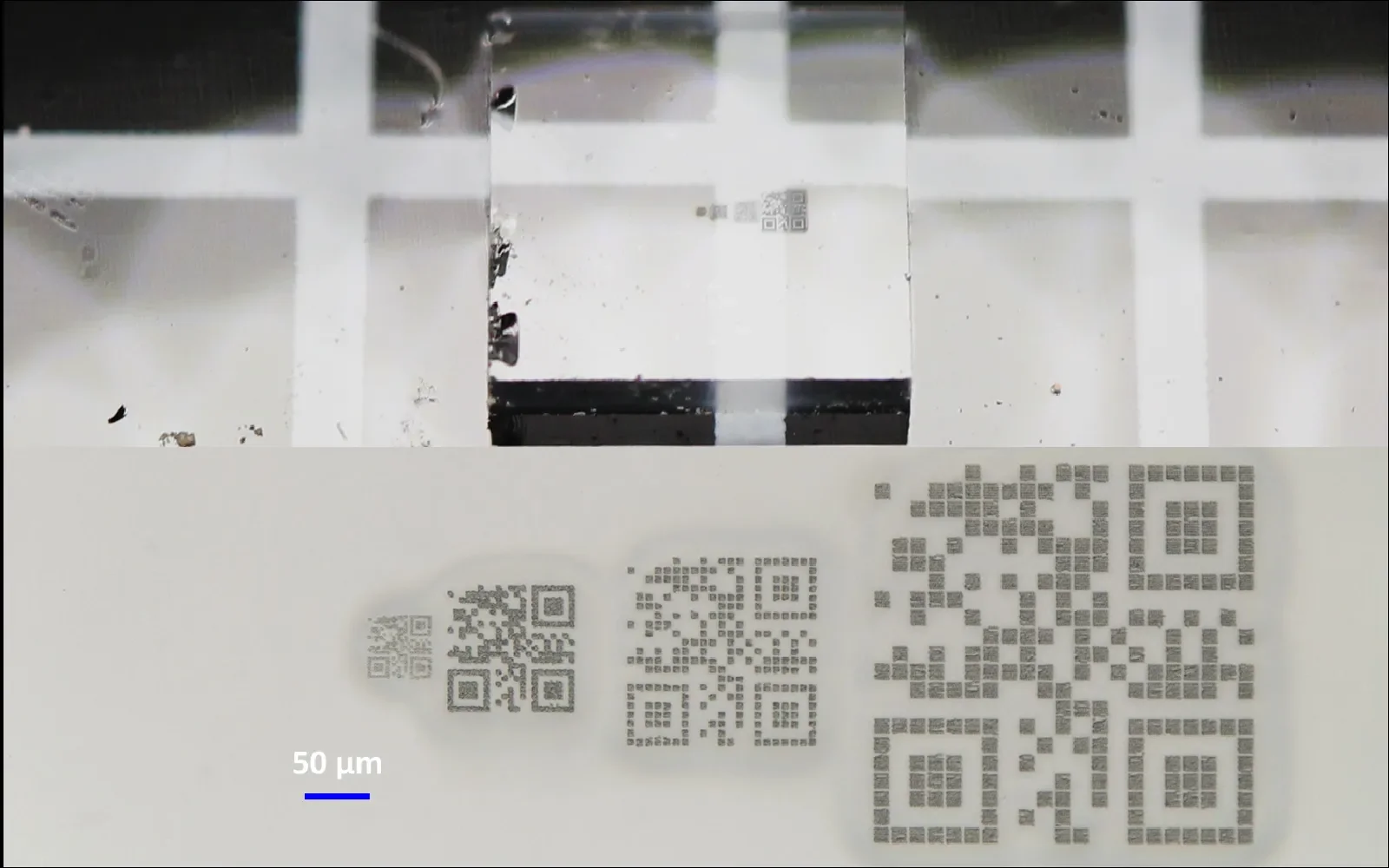 50 micrometer micro QR code on glass