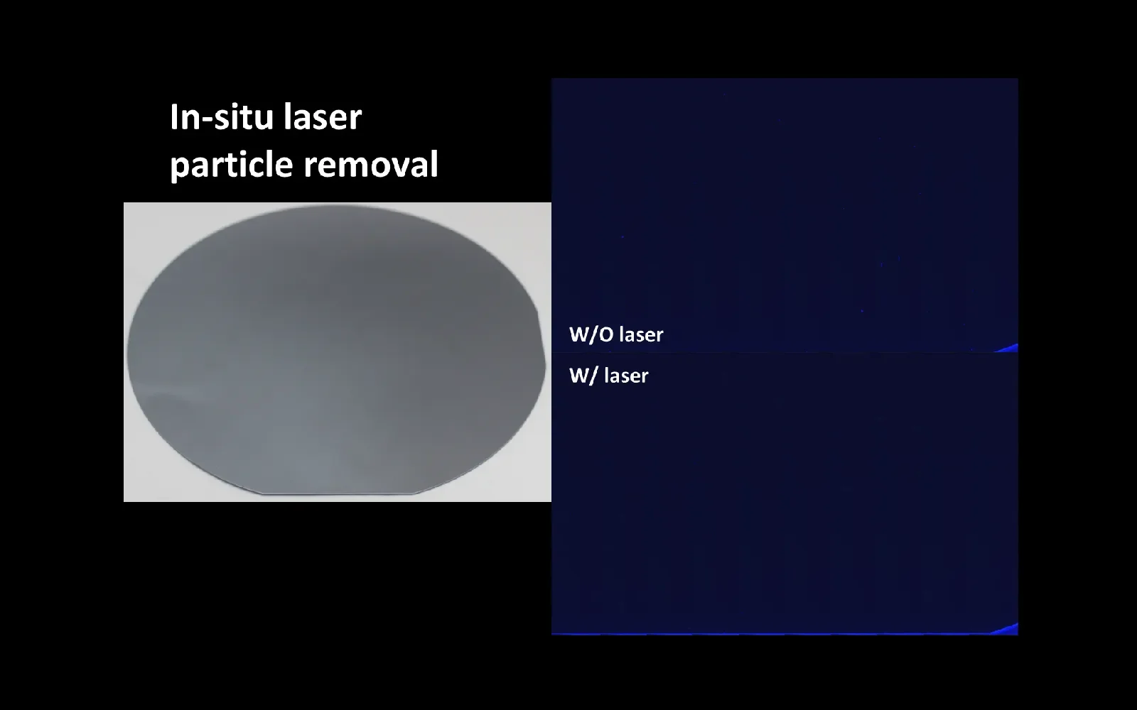 Microscope images comparing a precision surface before and after laser particle removal