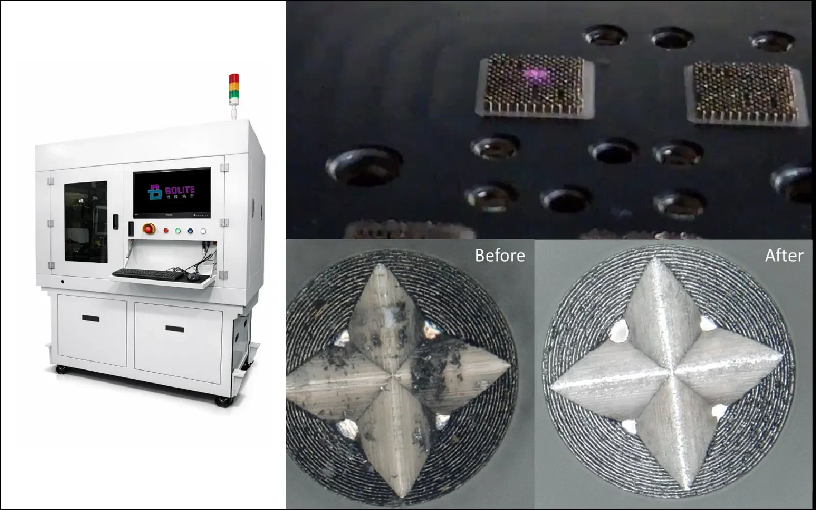 Probe card laser cleaning, microprobe reshaping and probe tip polishing examples