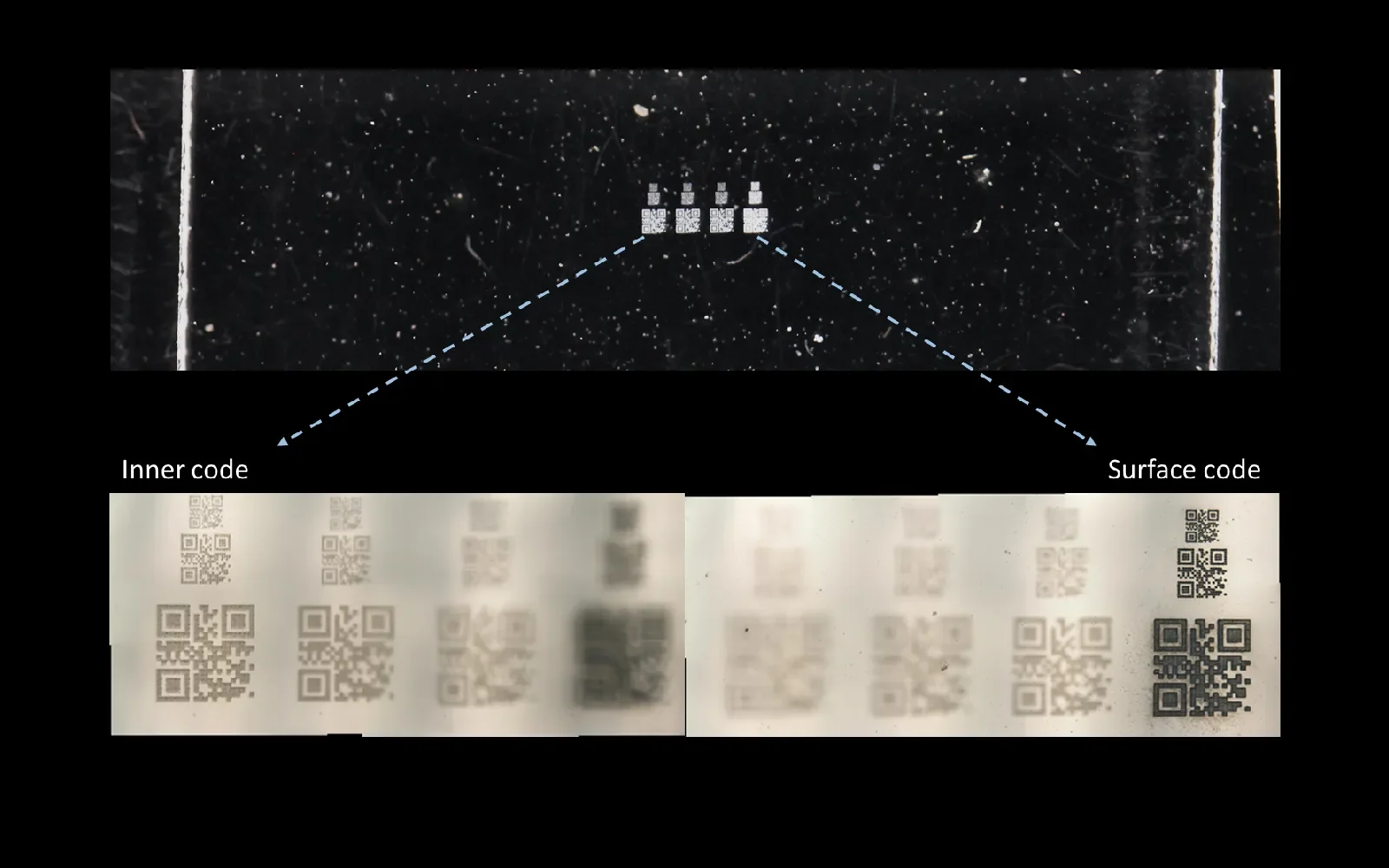 Inner QR codes at minus 50, minus 100 and minus 150 micrometer focal depths in quartz