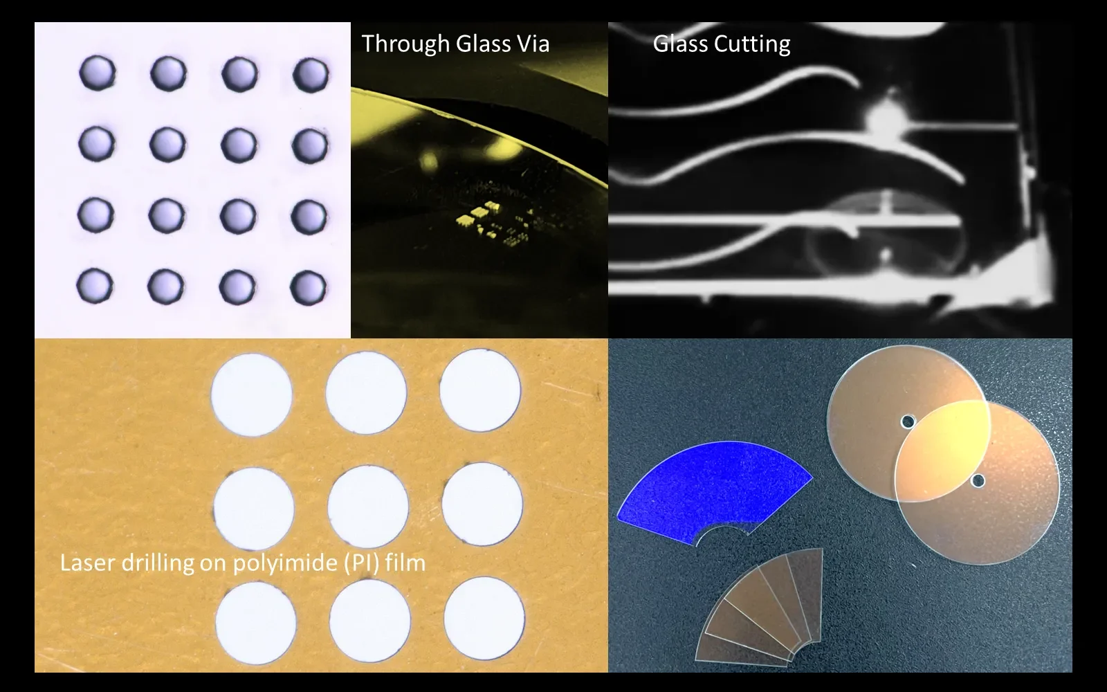 Free-form laser cutting of coated glass and laser drilling on PI film