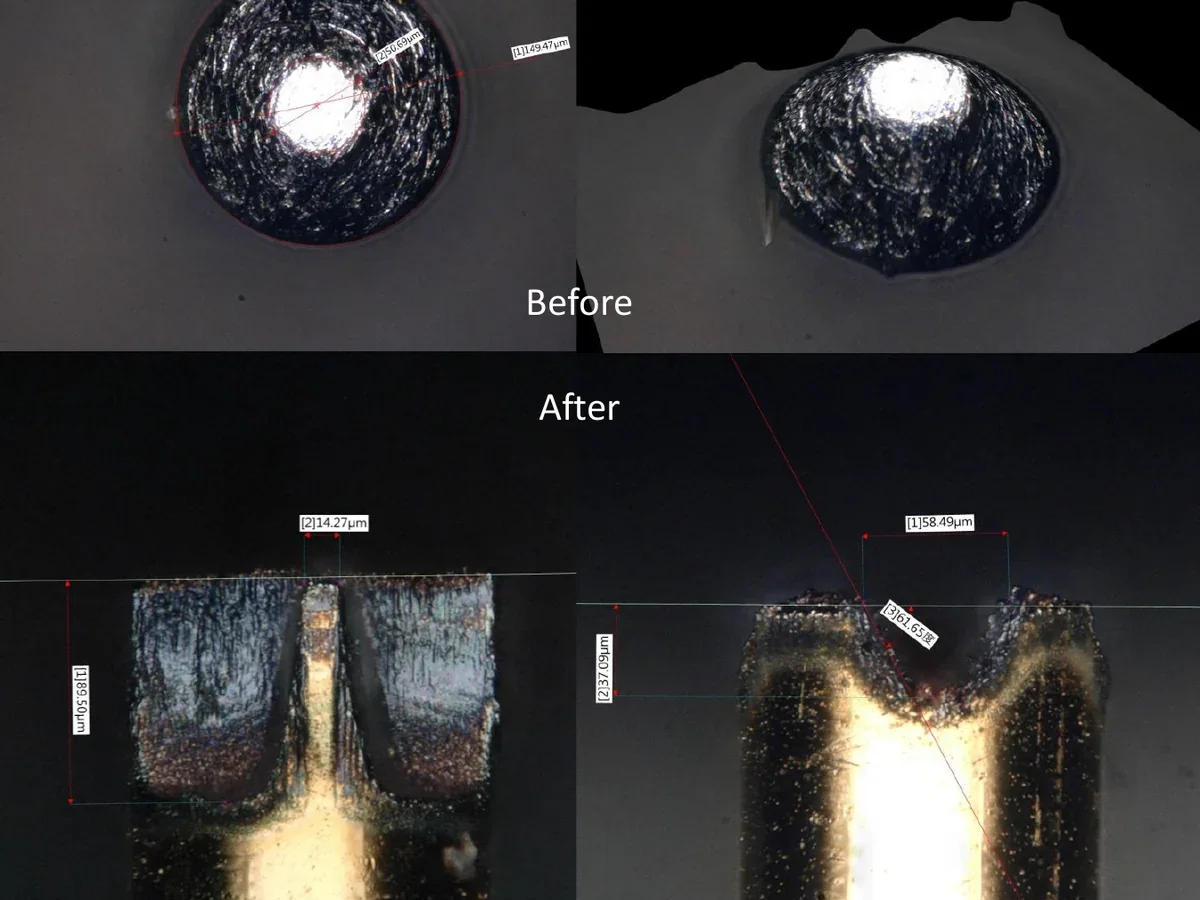 Before and after laser reshaping of microprobe tips
