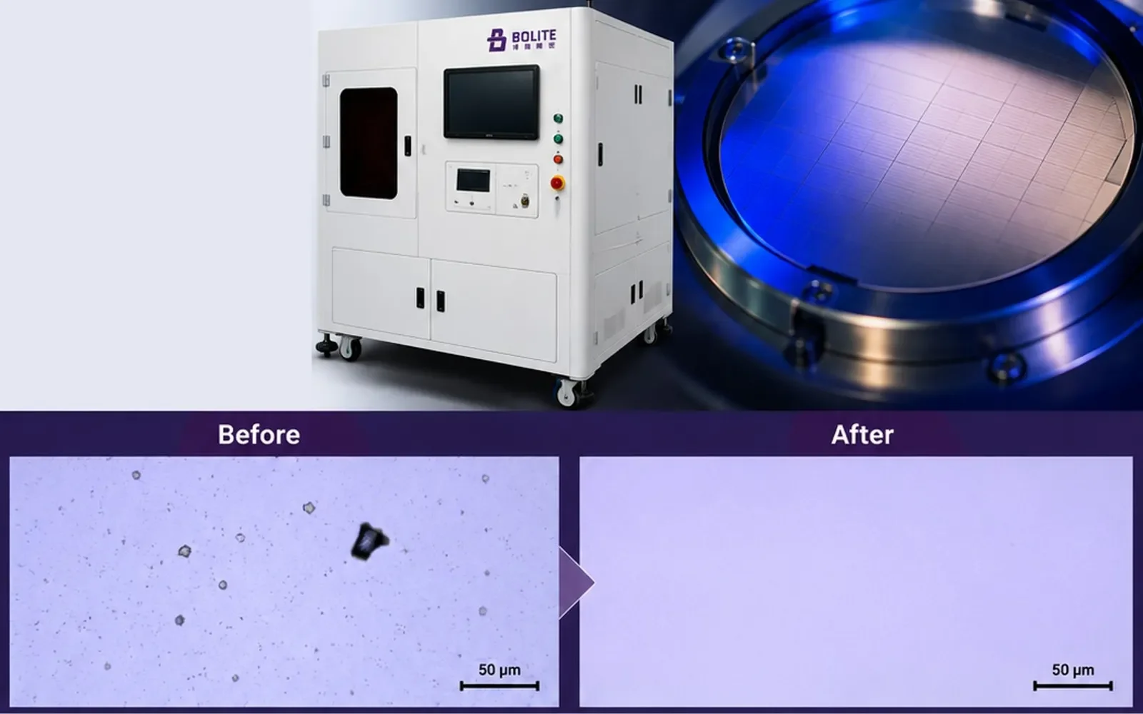 Large area laser debonding and non-contact particle removal