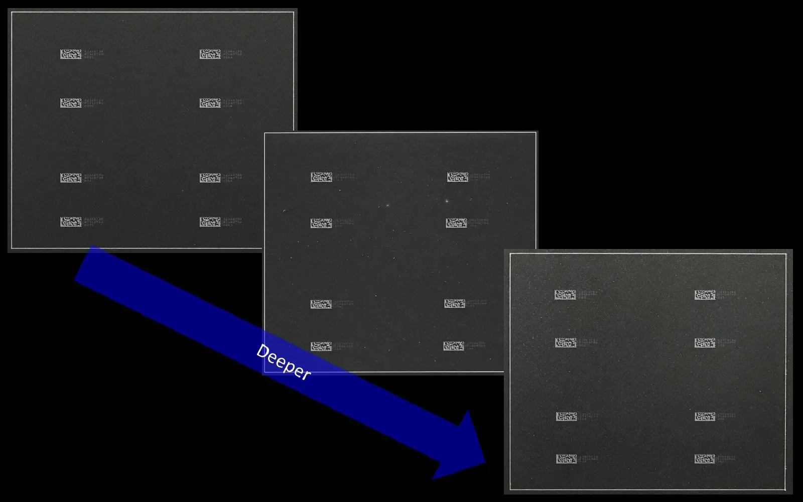 Quartz sample and schematic of marks located at different internal depths