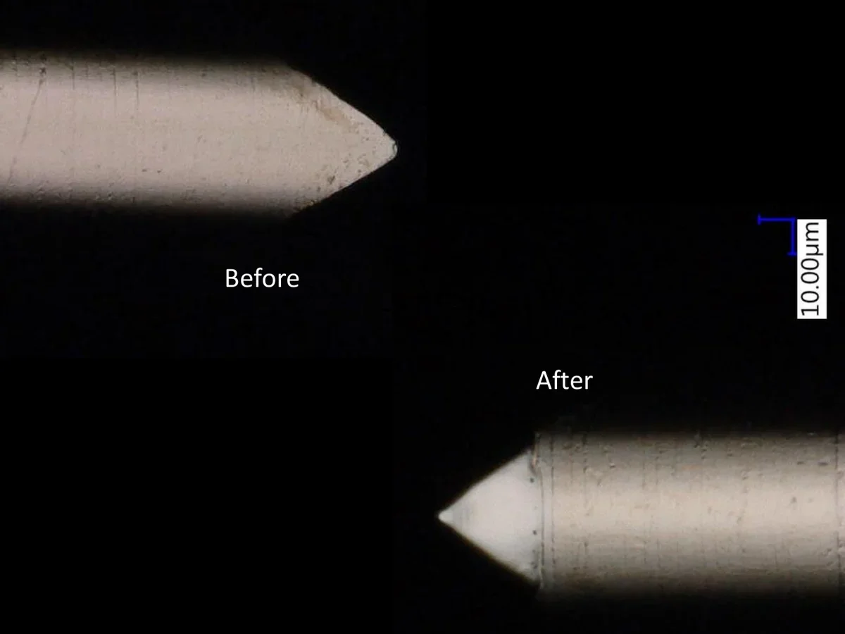 Before and after laser polishing of a microprobe tip