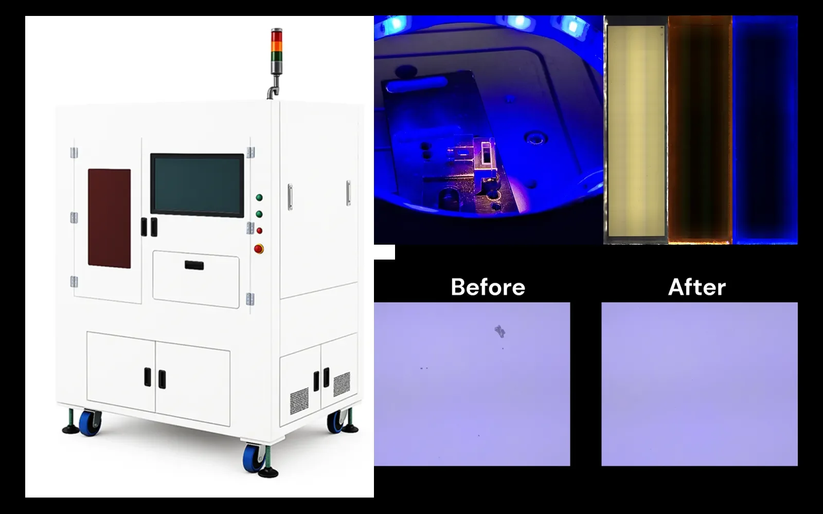 Large-area laser debonding and non-contact laser particle removal examples