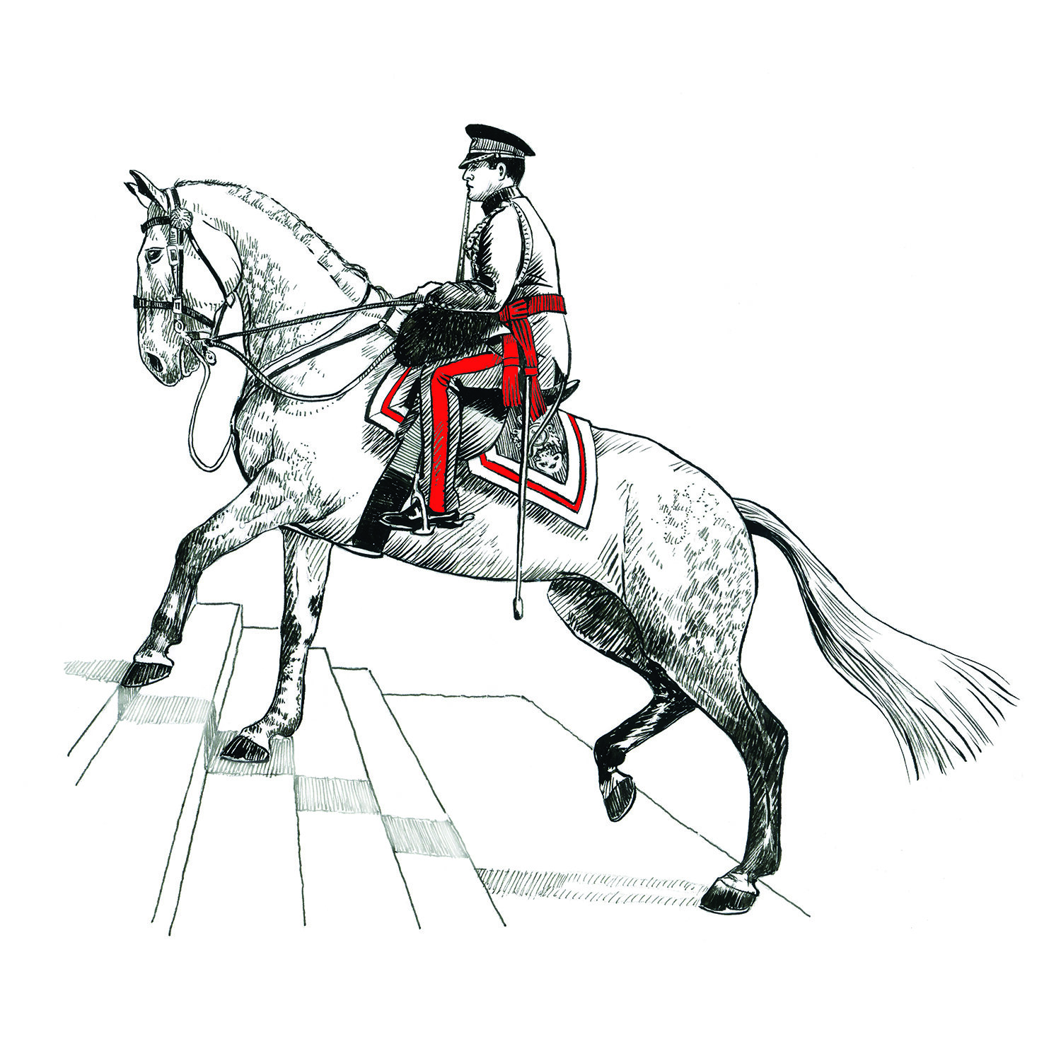 Adjutant and charger climb the steps at Old College after the Sovereign’s Parade RMA Sandhurst