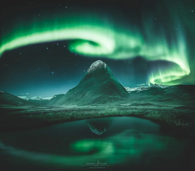 The Dance of Eternity - The landscape was shot at twilight in the far north of Iceland, while the sky and its sweeping aurora was shot way in the south. Much more than an afterthought, I was actually looking forward to making this true composite work in the field. Note that there isn't much noise in the foreground. Something that would be impossible would I have tried to do it all in one shot at night.