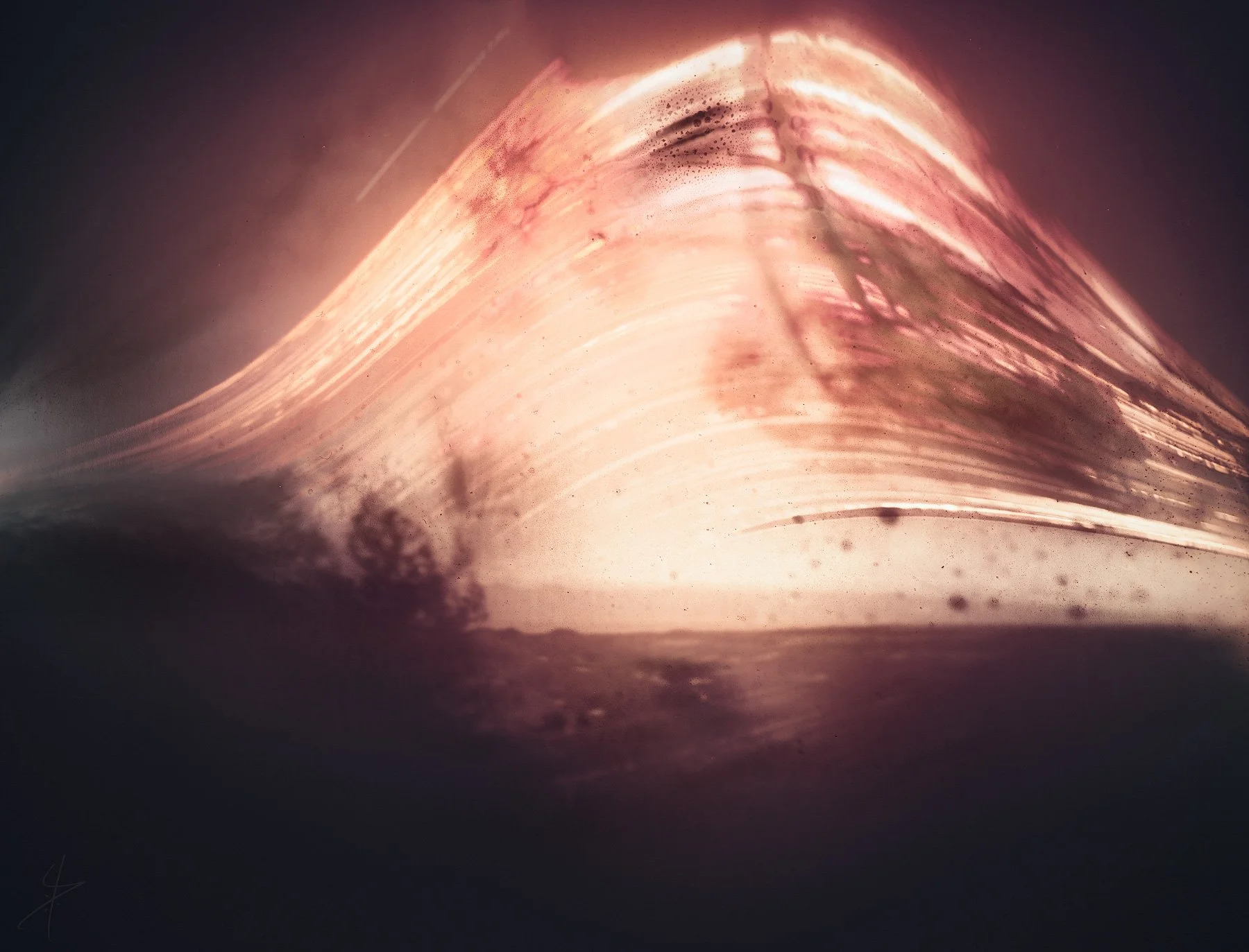 Castle Bravo solargraph by Daniel Laan of Laanscapes, showing an intense white and rose-colored burst of sun trails shaped like a towering nuclear explosion.