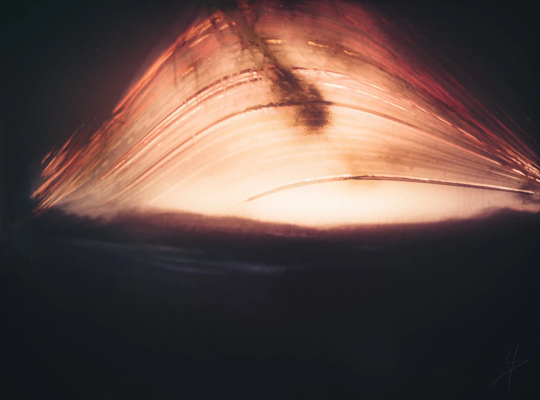 Upshot-Knothole Grable solargraph by Daniel Laan of Laanscapes, showing a glowing dome of sun trails divided by a dark central silhouette above the dunes.