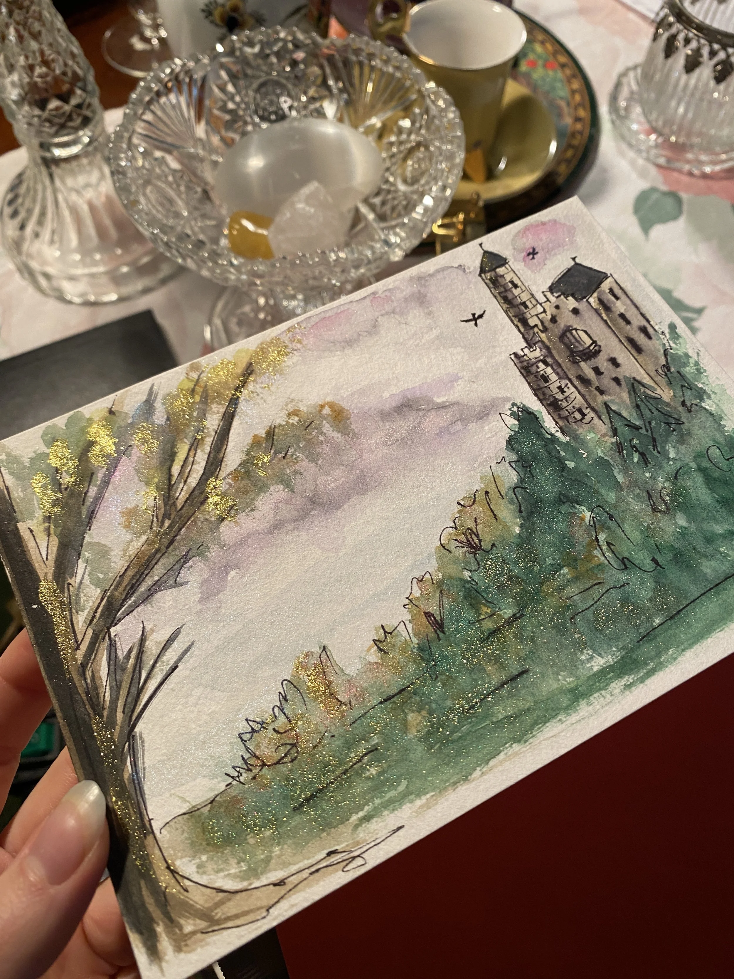 hand painted watercolor card castle maria makurat