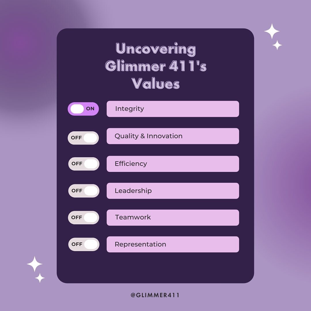 At Glimmer 411, our values are the heart of everything we do. Because YOU [our customers] are the top priority, we want to share them with you! 

First up is ✨ INTEGRITY ✨ Swipe to find out more on how we plan to act on this value ➡️ 

&mdash;⁣⠀
#G41