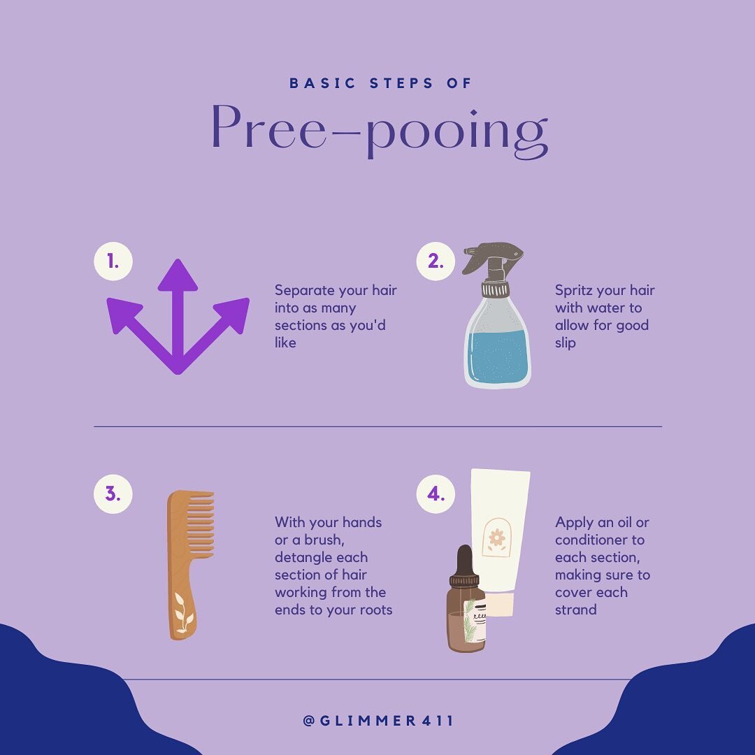 Here's how to master Pree-pooing in 4 easy steps!

Remeber to save it for your next washday, and tag or share with a friend!

&mdash;⁣⠀
#G411 #Glimmer411 #hairtech #hairhelp #hairadvice #naturalhairadvice #naturalhairinfographic #afroadvice #4cadvice