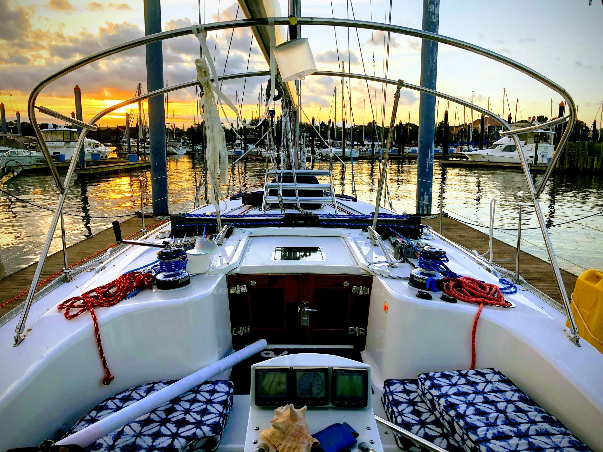 Sunset at Watergate Yachting Center while finishing the day's work on a pattern for a new dodger. Kemah, Texas ©alanwoodyard.com