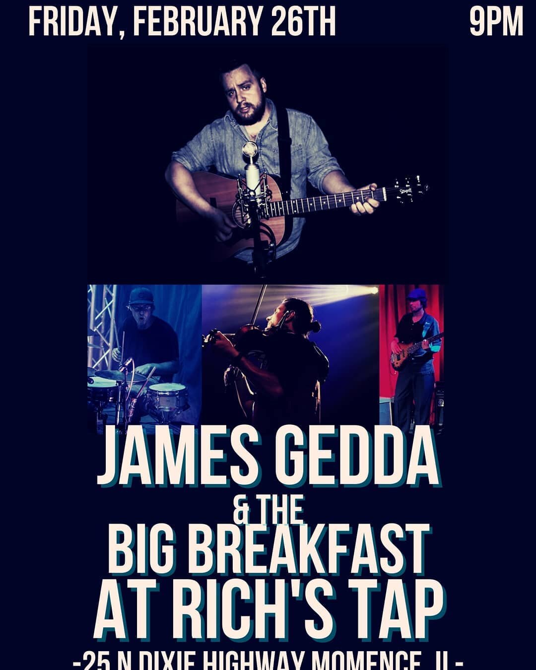 Tomorrow! Back at it with The Big Breakfast at  Rich's Tap in Momence. Kevin Mardirosian on drums, Matt Cartwright on bass, and Stephan Jude of @freshhops on violin! It's gonna be a good time, so come join us! #americana #countrymusic #singersongwrit