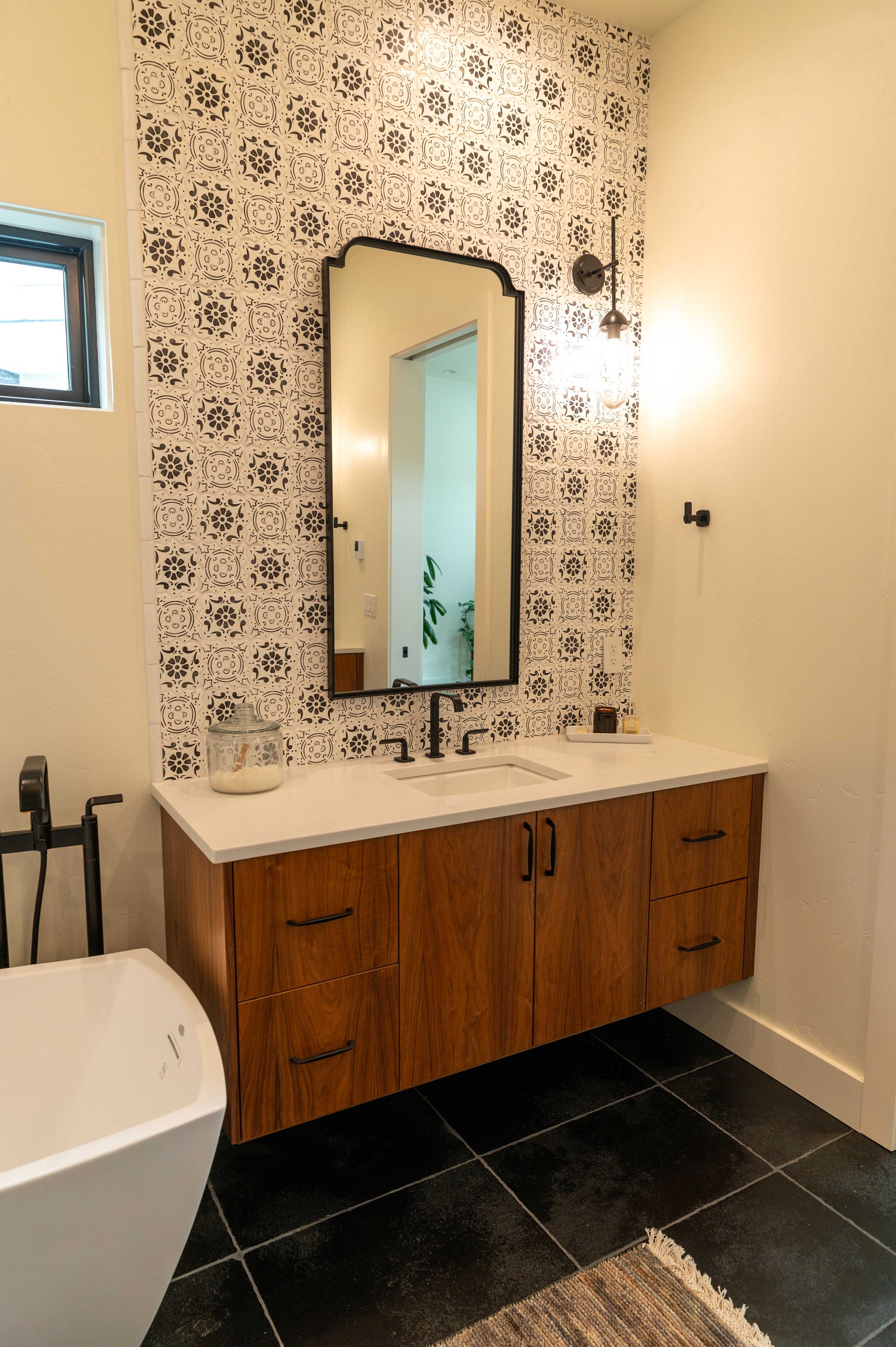 Hand painted Tabarka tile for this primary bath