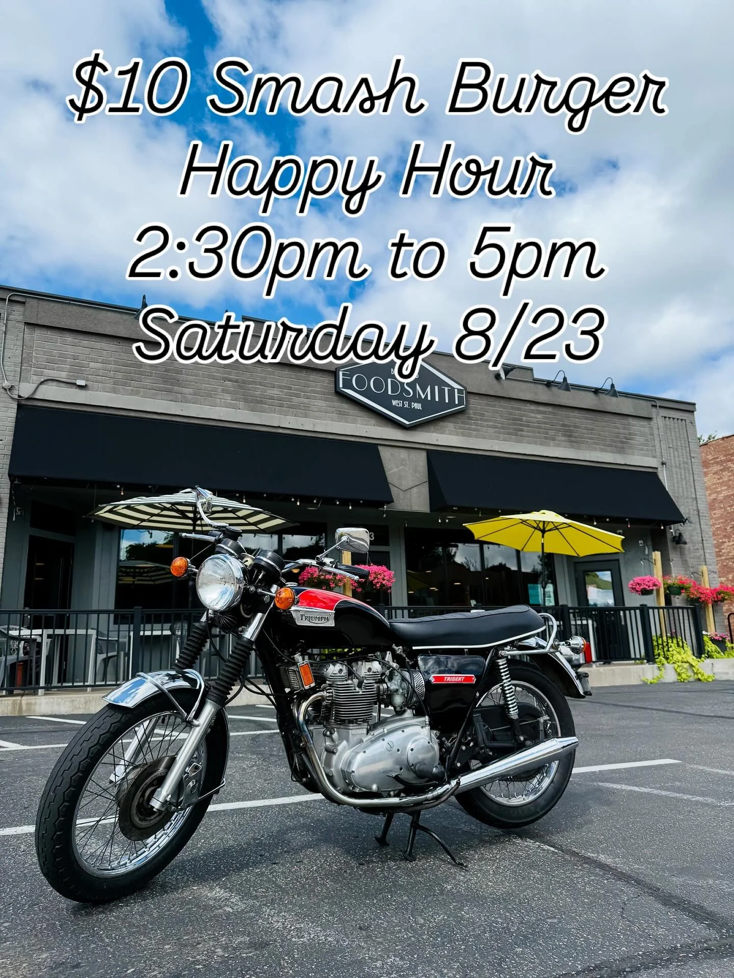 🍔 $10 Smash Burger Happy Hour! 🏍️
Join us Saturday, August 23rd from 2:30 &ndash; 5 PM at FoodSmith Bistro Pub. Bring your vintage motorcycle if you can&mdash;but it&rsquo;s not required! Great burgers, good vibes, and a chance to hang out with fel