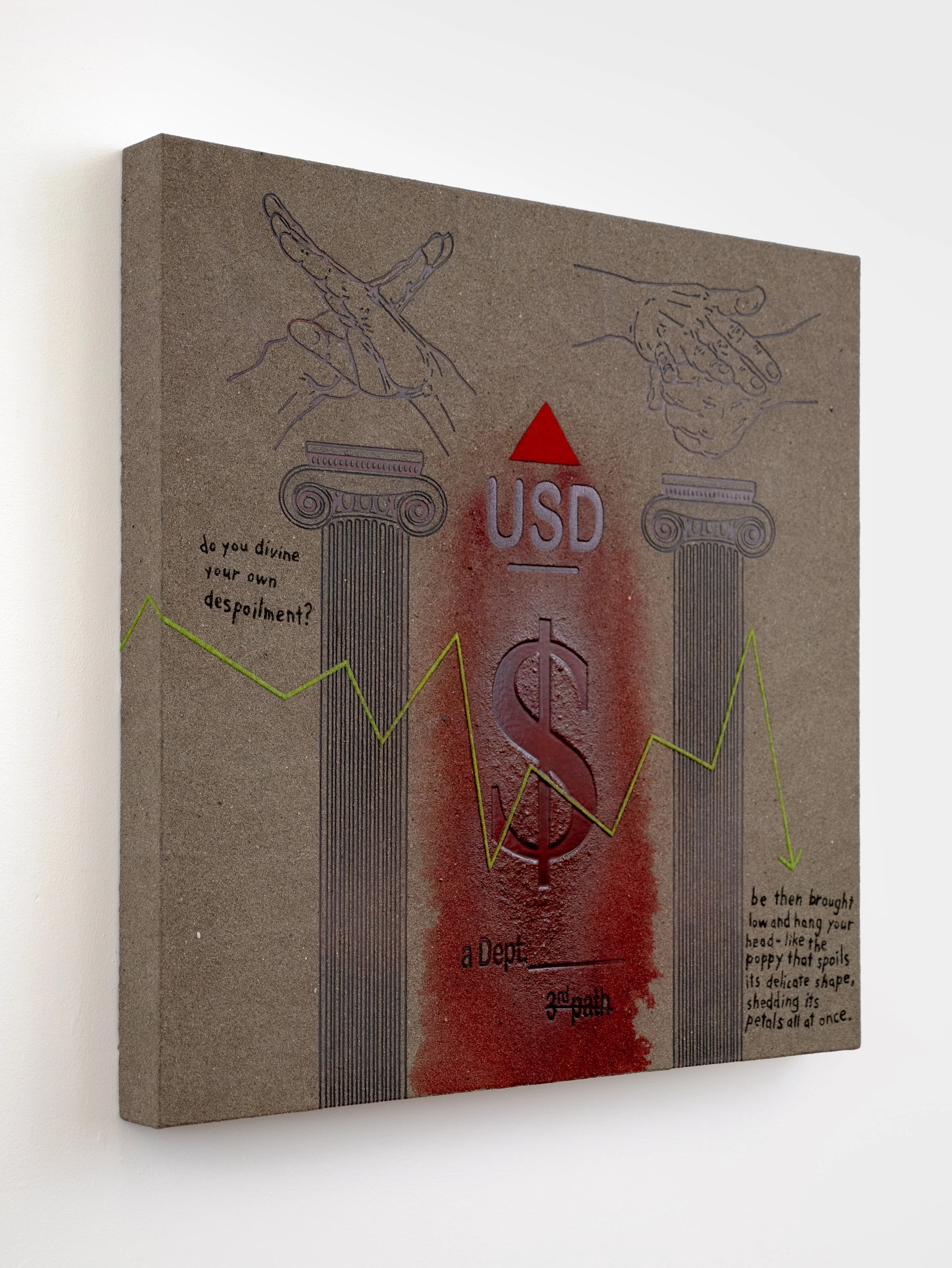  “non-aligned (Geryon’s retribution)” acrylic, sand, ink, pigment, varnish on canvas. 30” x 30” x 2.75”. 2025. 