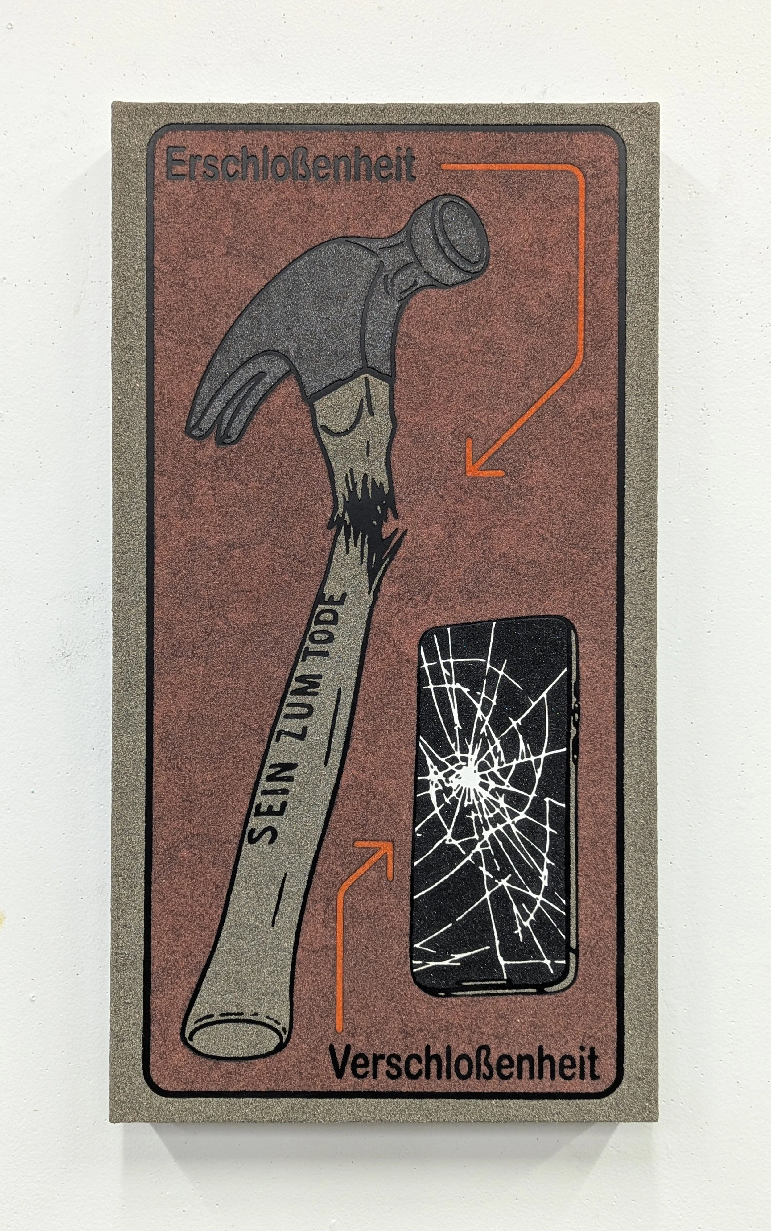  “non-aligned (disclosure)” acrylic and sand on canvas. 16” x 30” x 2.75”. 2026. 