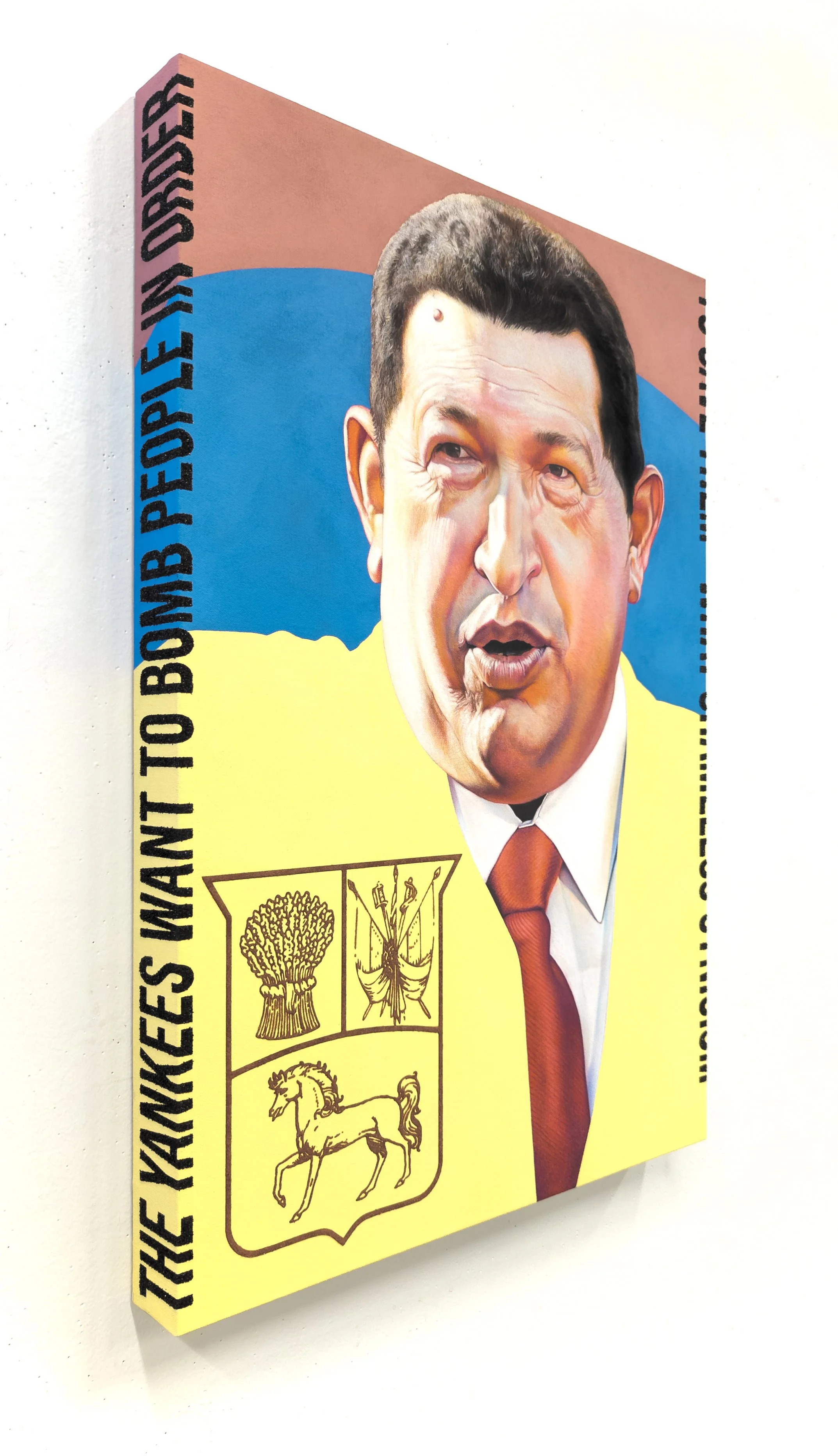  “non-aligned (Hugo Chavez)” pastel, acrylic, and sand on canvas. 22” x 32” x 2.75”. 2026. 