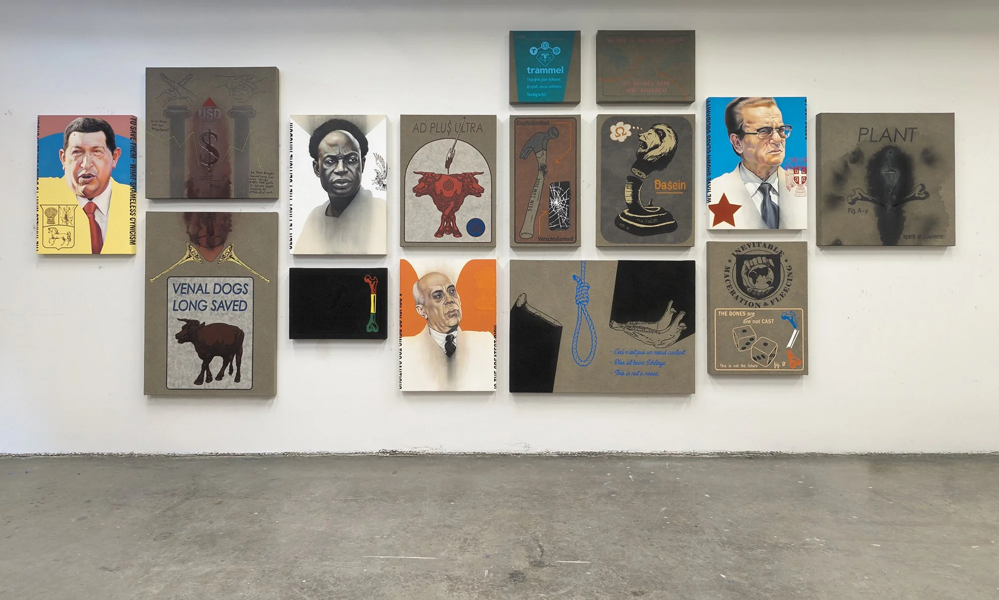  “a Dept. Beasts of Melancholia” sample installation. Works are a range of pastel, acrylic, sand, ink, and lacquer on canvas. Dimensions variable. 2024-26. 