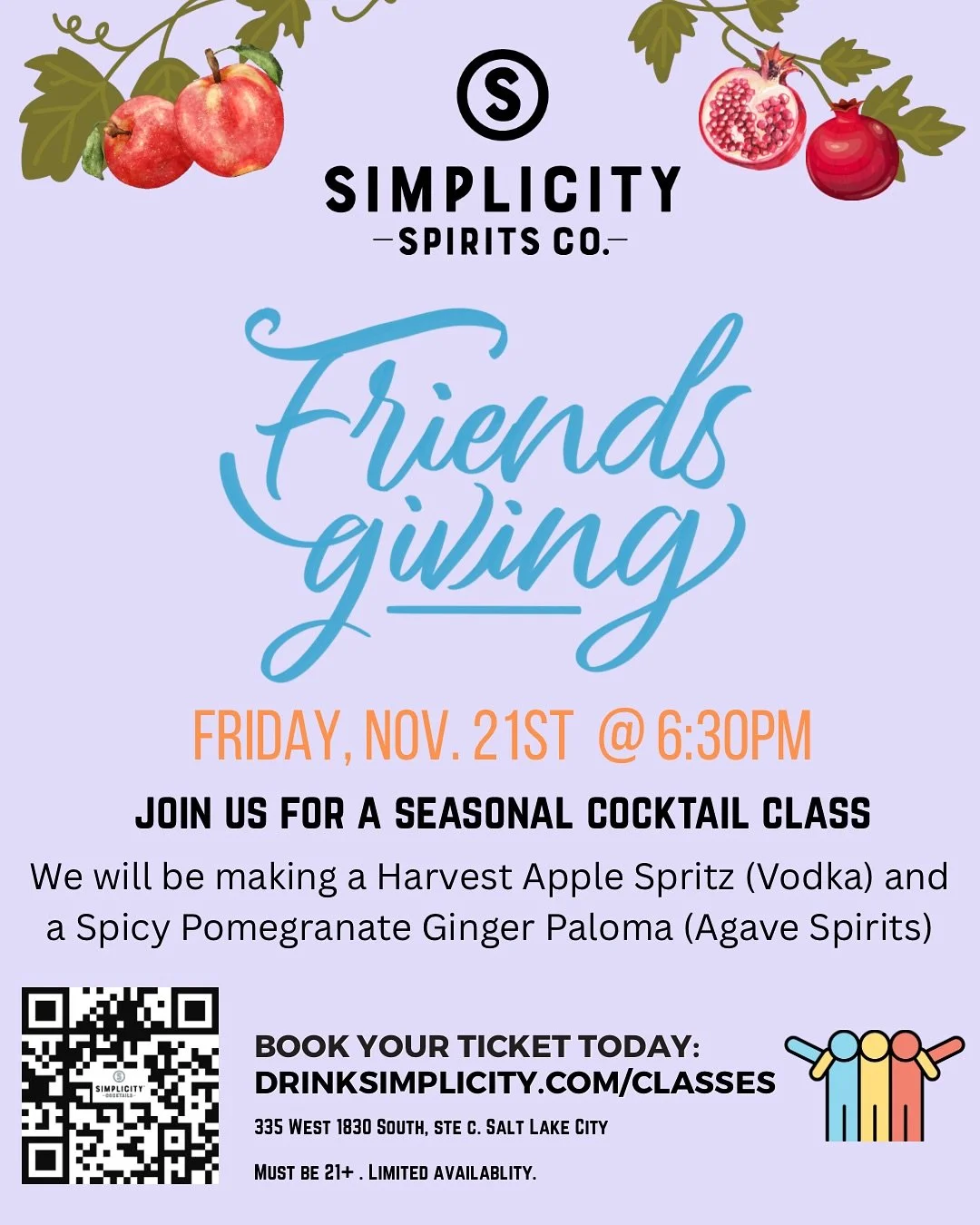Our next cocktail class is happening this Friday! Join us for a Harvest Apple Spritz and a Spicy Pomegranate Ginger Paloma! If the last class gave you FOMO, hurry and sign up today! 🦃