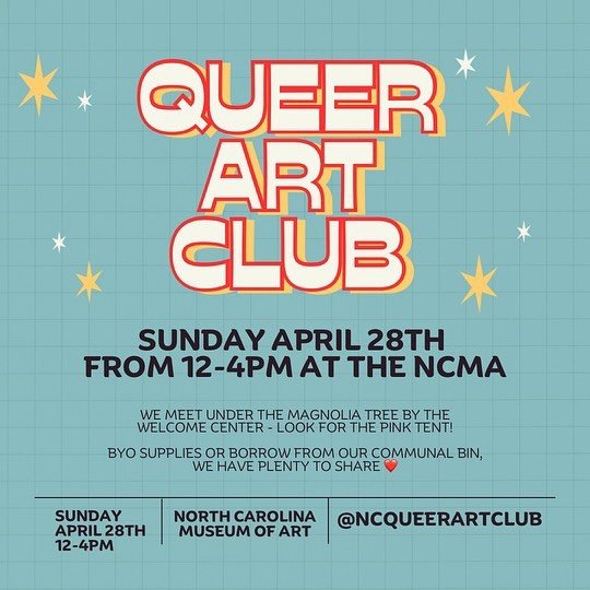 Our next meeting is on Sunday, April 28th from 12-4 pm at the NCMA! We meet by the Welcome Center and smokestack - look for the ORANGE tent 🧡 can&rsquo;t wait to see you all! 🎨🏳️&zwj;🌈