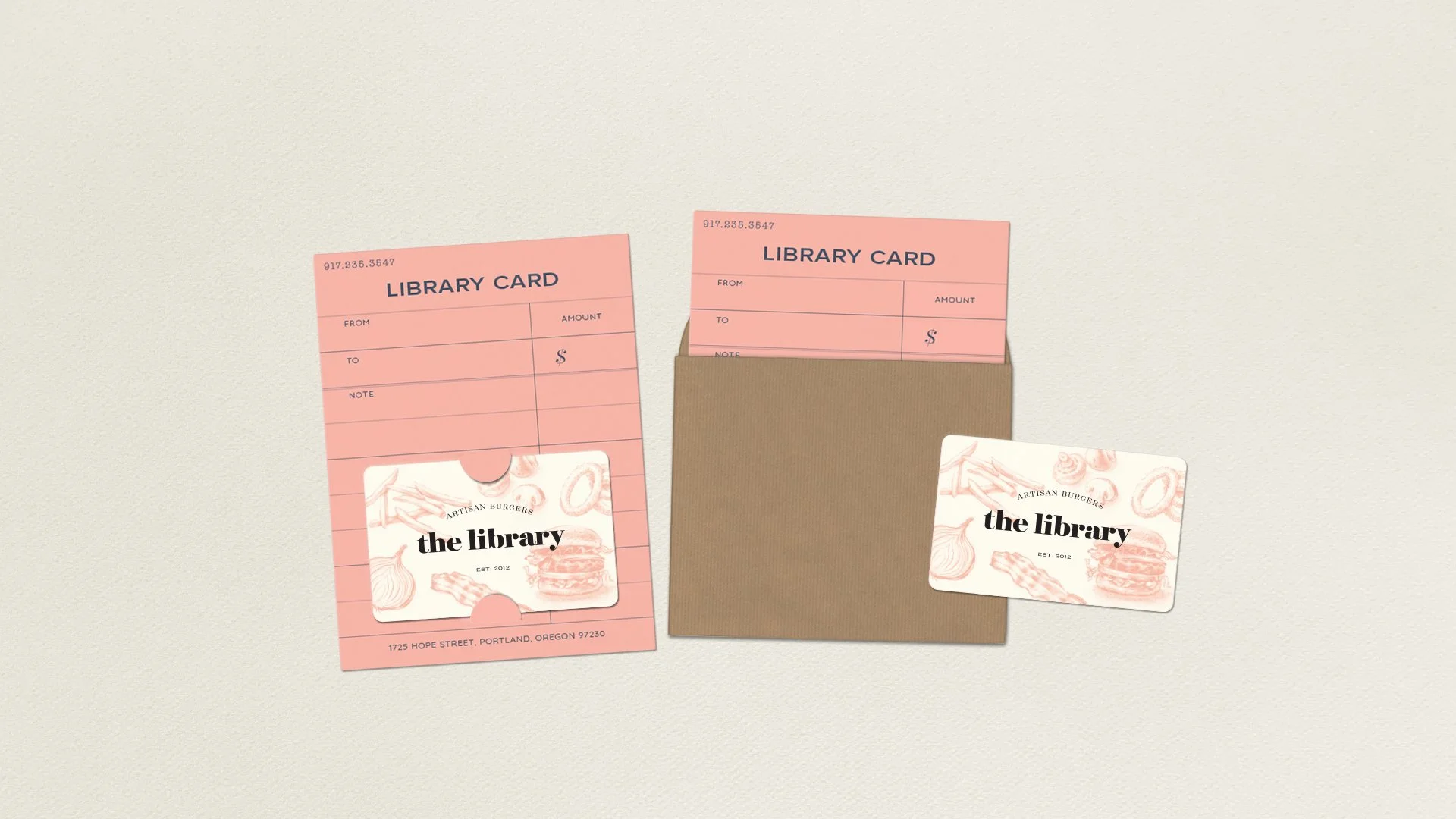 gift card design for a restaurant called The Library inspired by vintage library cards featuring food illustrations