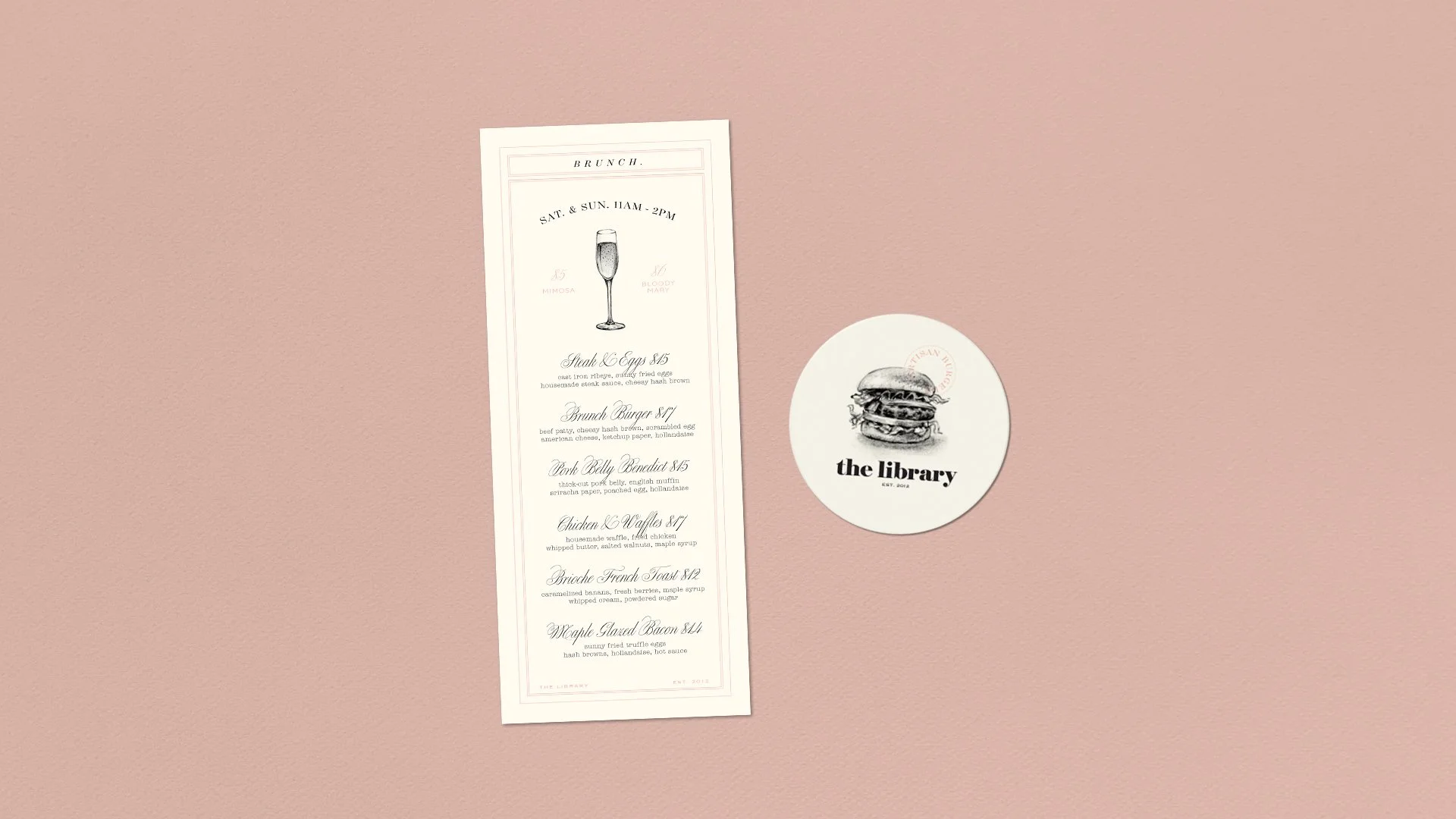 A drink menu and a coster for a restaurant called The Library inspired by old newsletter featuring food illustrations