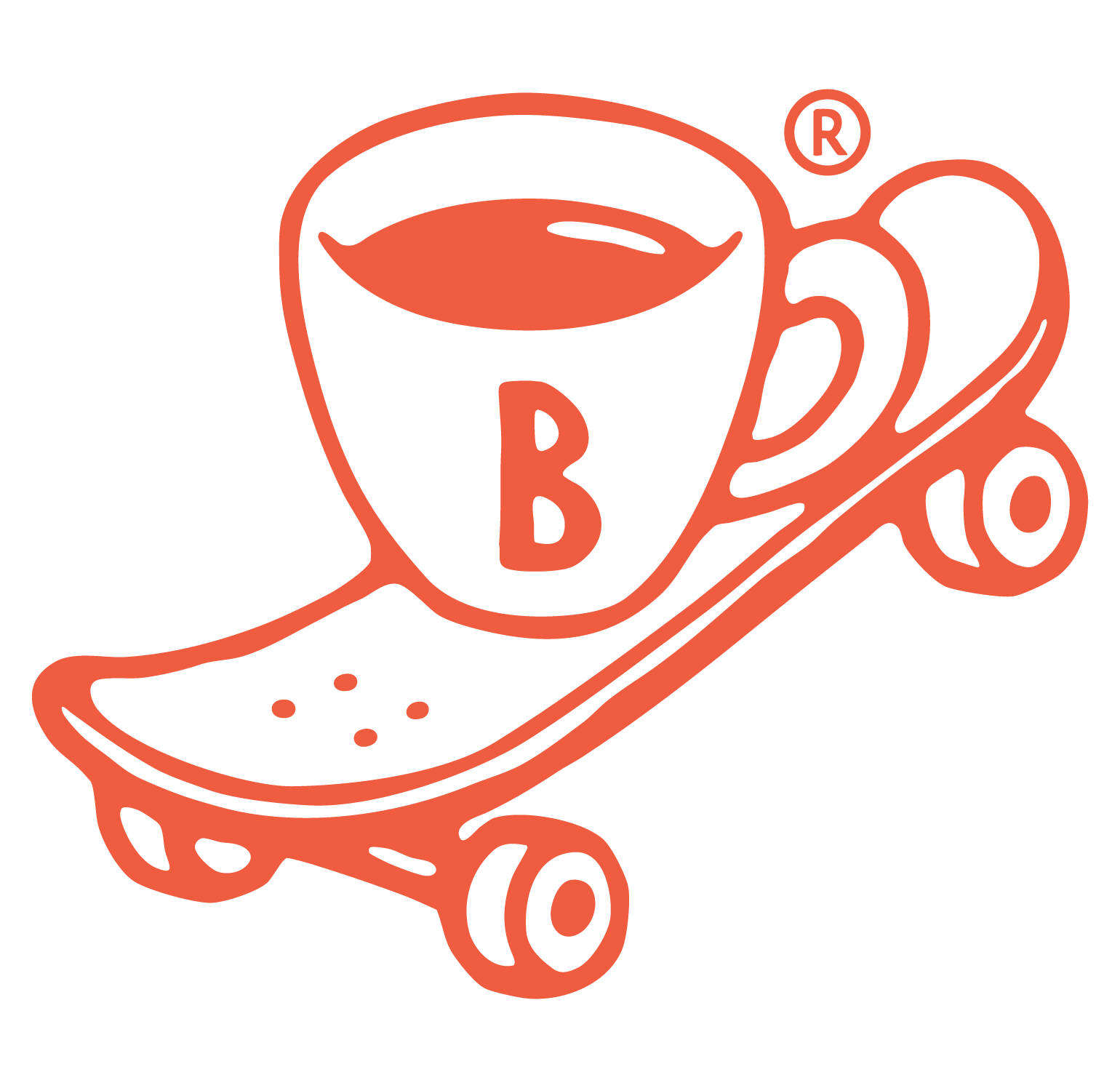 A logomark for Backyard Beans Coffee featuring a coffee mug on a skatebaord.