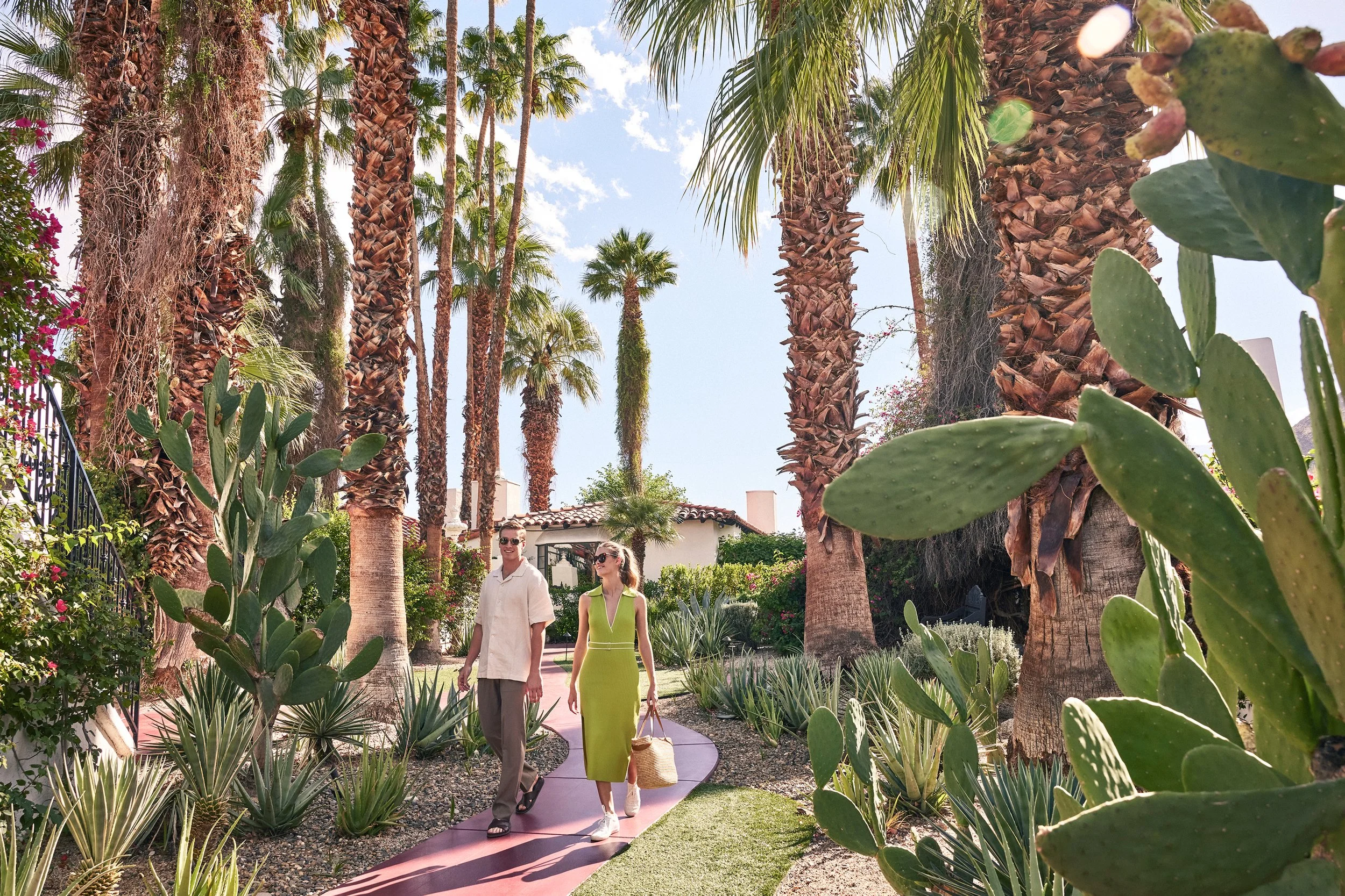 Two people walking along a pink pathway in a lush, sunny garden with tall palm trees, cacti, and various green plants.
